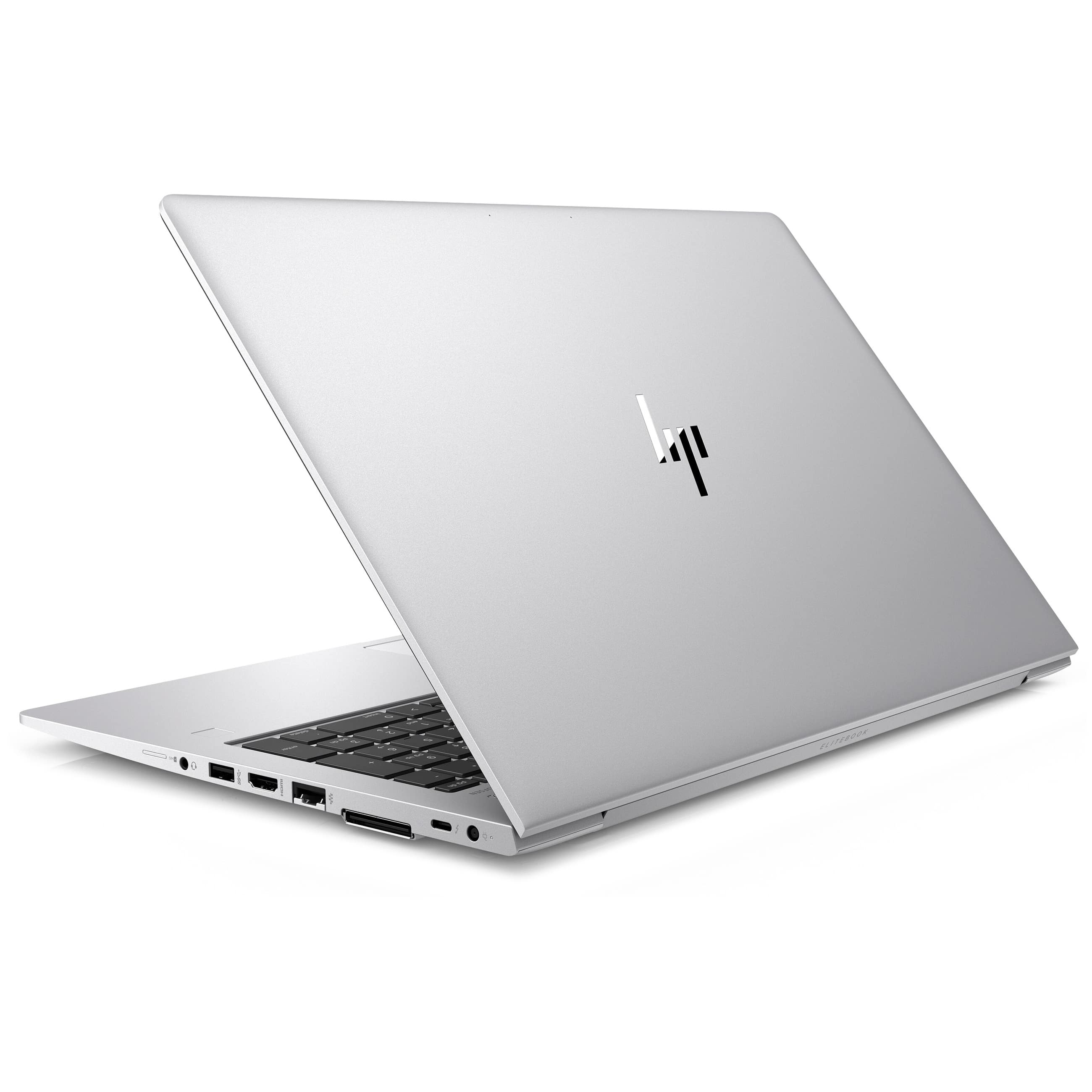 Ein silberner Laptop, schräg von hinten fotografiert, mit HP-Logo und sichtbaren Anschlüssen.
