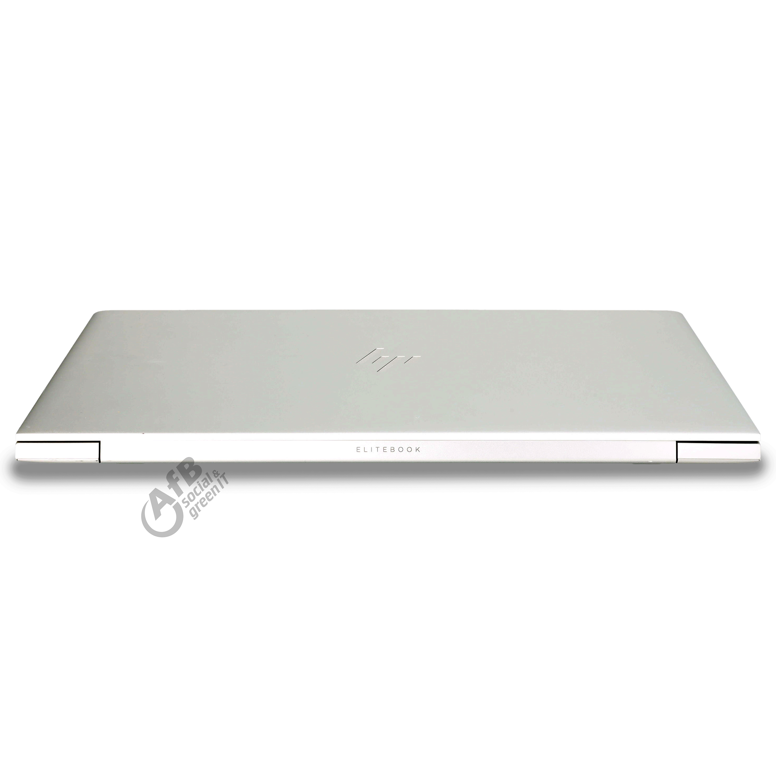 Geschlossener silberner HP EliteBook Laptop vor weißem Hintergrund mit Firmenlogo unten links.