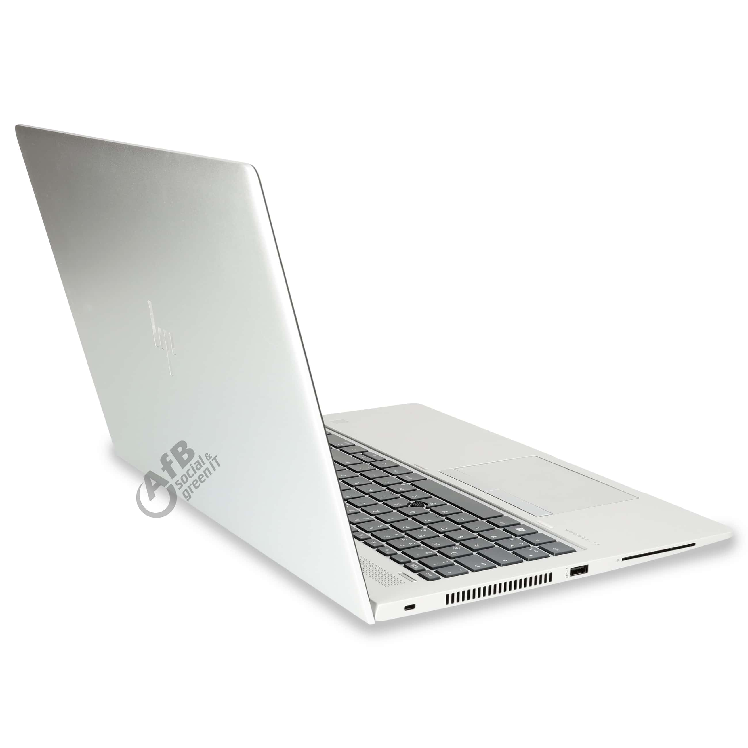 Ein silberner Laptop steht auf weißem Grund, mit schwarzer Tastatur und einem AfB-Logo auf der linken Deckelseite.
