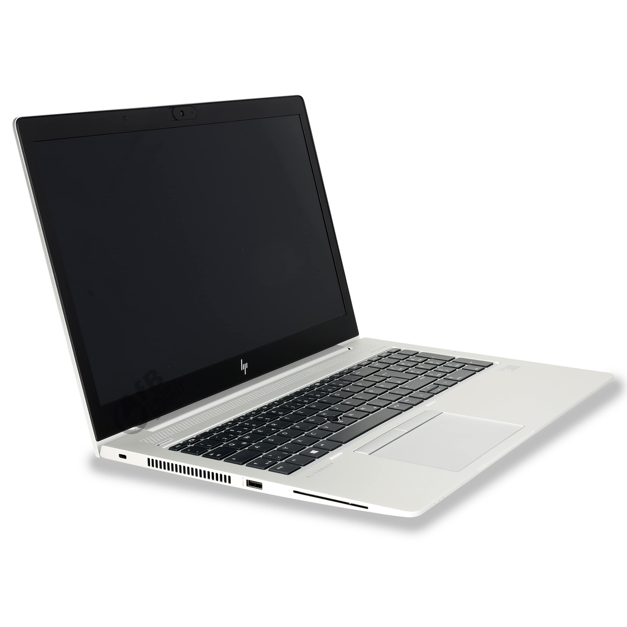 Ein silberner HP EliteBook Laptop mit schwarzer Tastatur und ausgeschaltetem Bildschirm steht auf weißem Hintergrund.