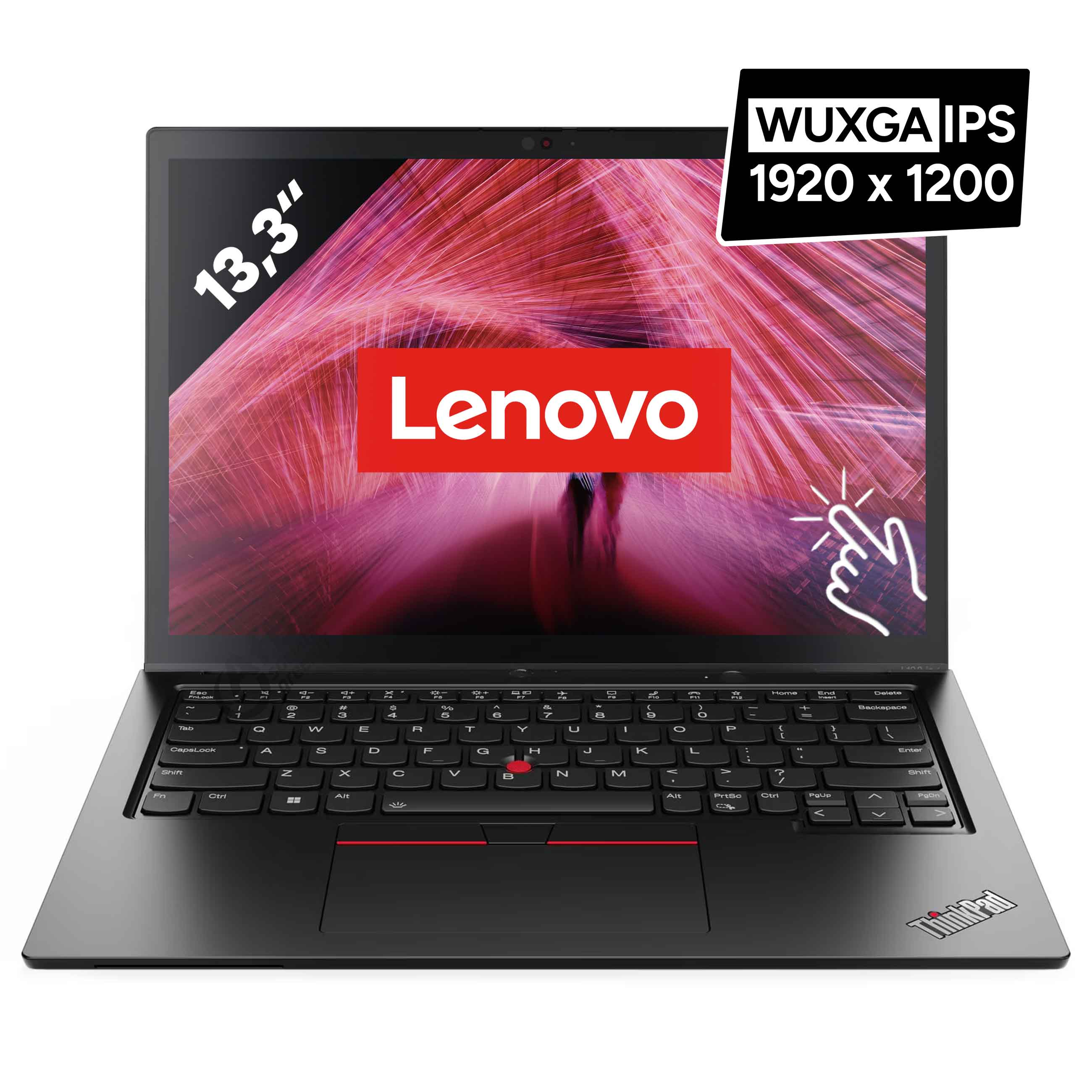 Ein Lenovo ThinkPad Laptop mit 13,3 Zoll WUXGA IPS Display, rotem Lenovo Logo und schwarzer Tastatur.