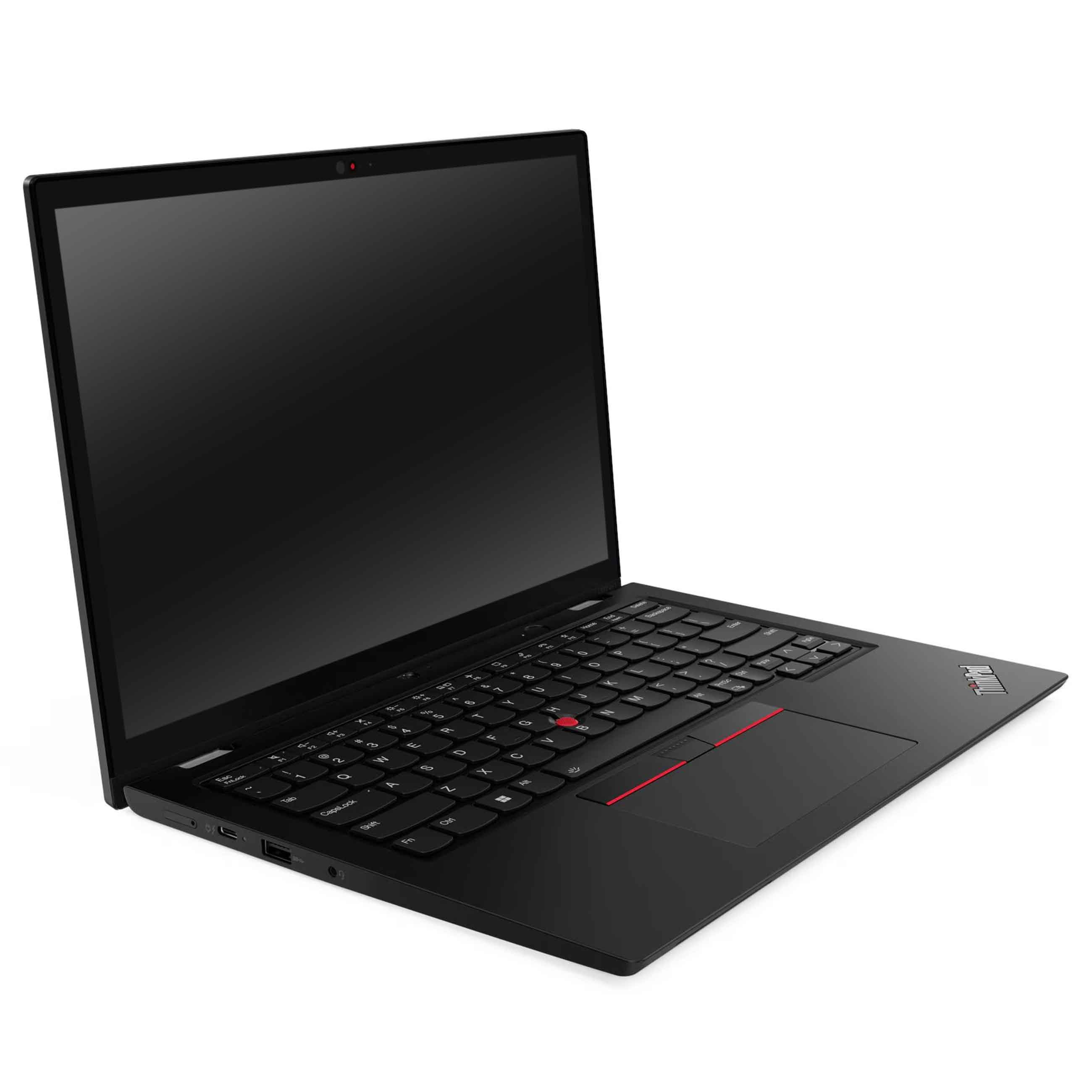 Ein moderner schwarzer Laptop steht aufgeklappt auf einer weißen Oberfläche mit schwarzem Bildschirm.