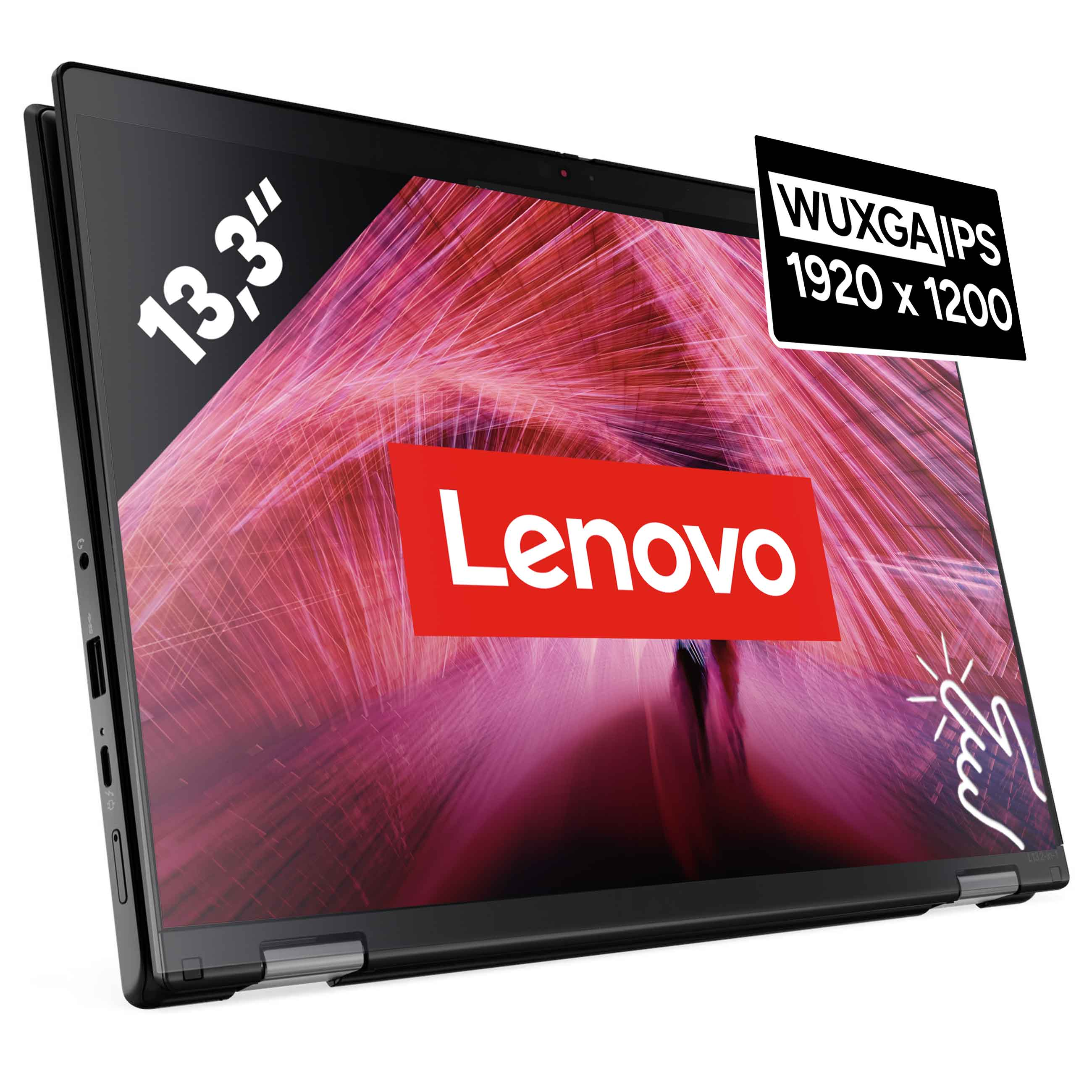 Ein Lenovo Laptop mit 13,3-Zoll-Bildschirm, rotem Lenovo-Logo und pinkem abstrakten Hintergrund.