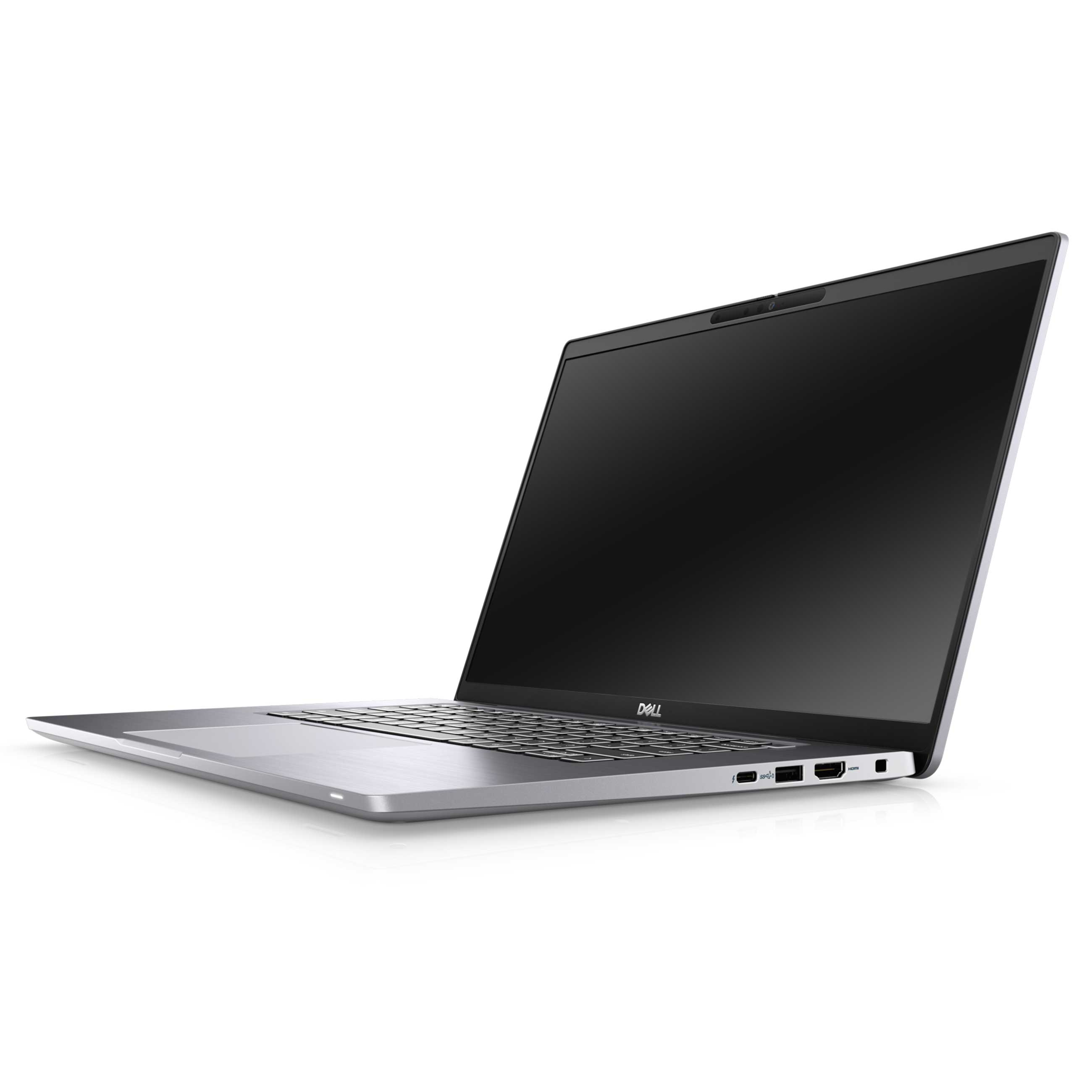 Ein silberner Laptop mit schwarzem Bildschirm steht auf einer weißen Oberfläche.