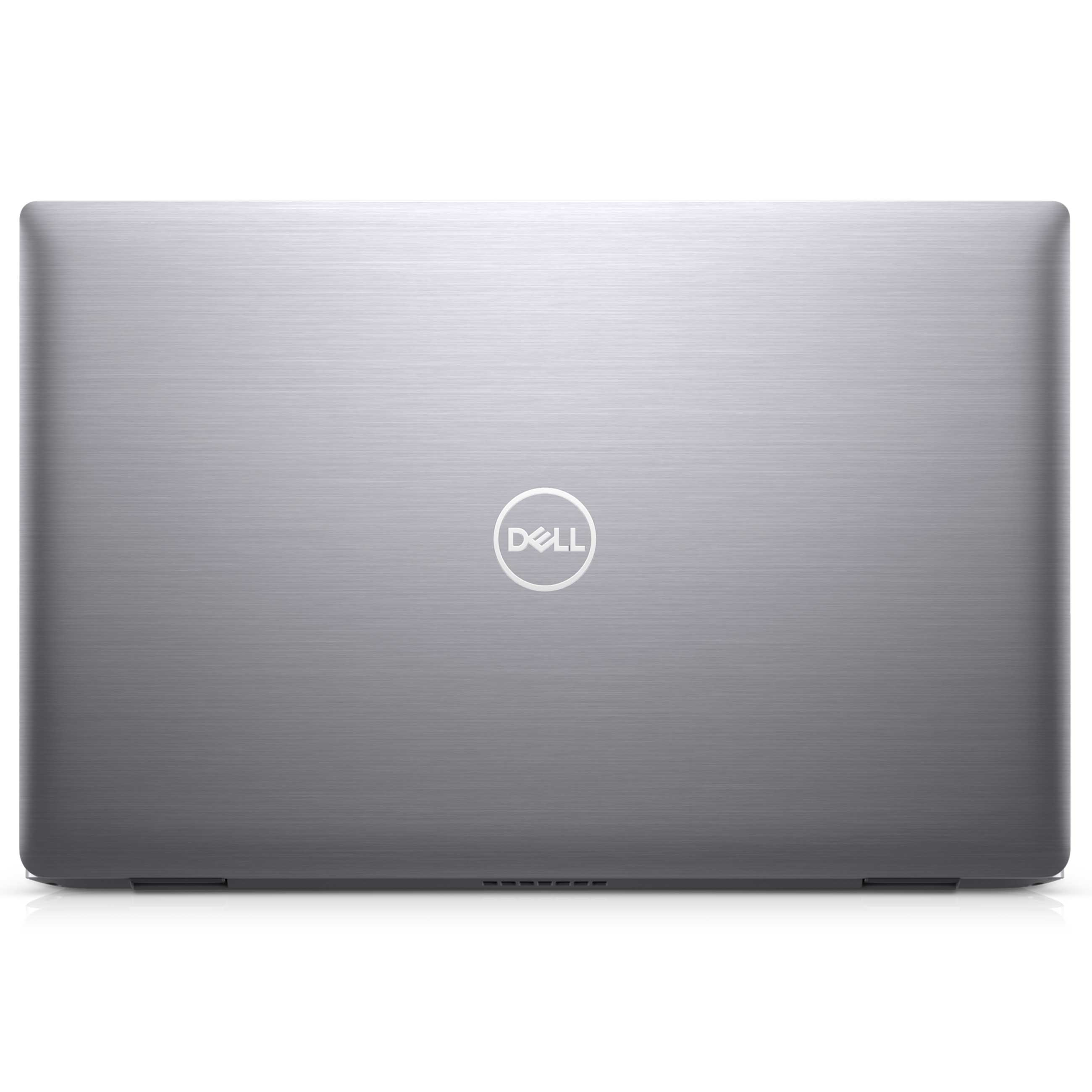 Geschlossener silberner Dell Laptop-Deckel mit zentriertem weißem Logo.