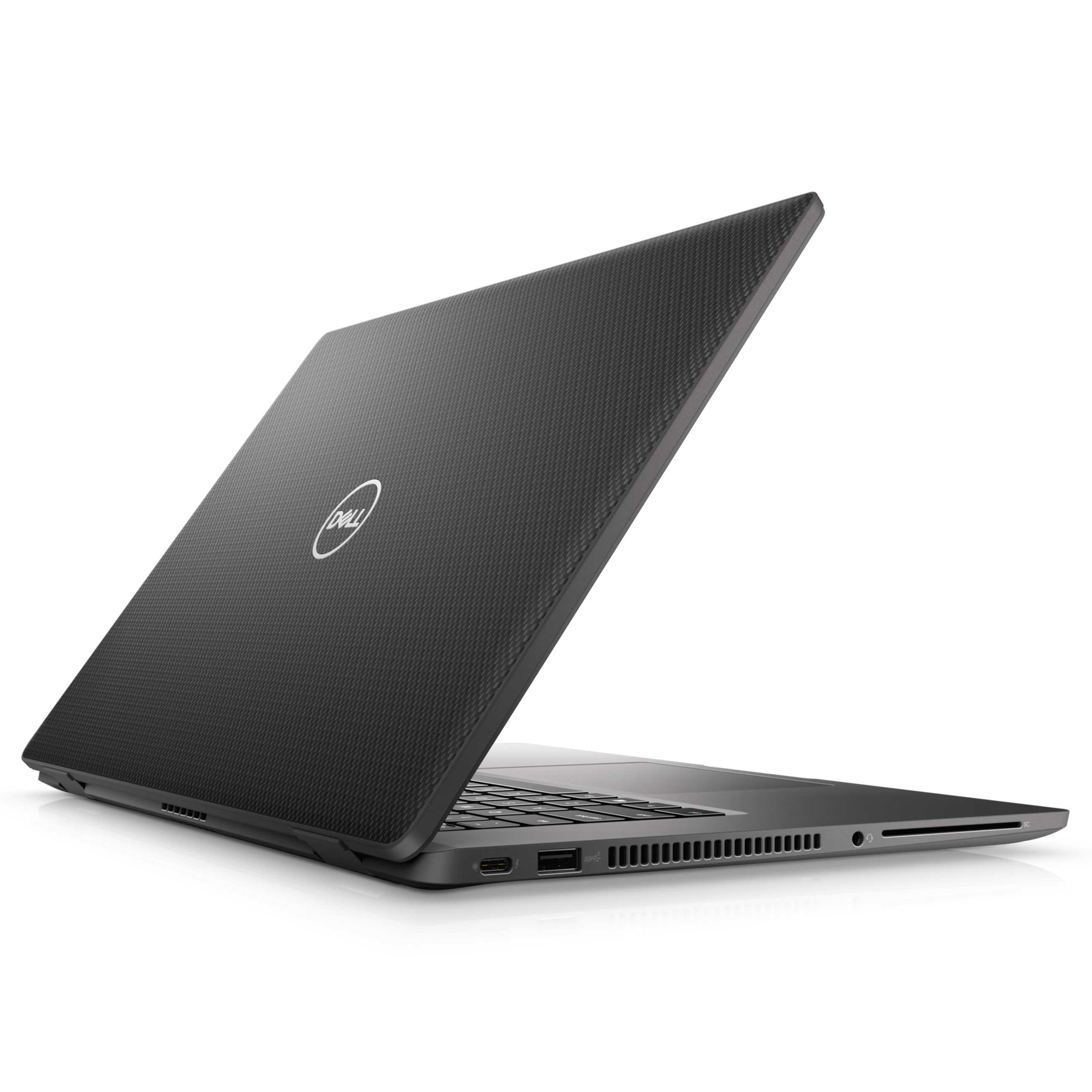 Ein schwarzer Dell-Laptop mit Kohlefaserstruktur auf dem geschlossenen Deckel steht auf einer weissen Oberflaeche.