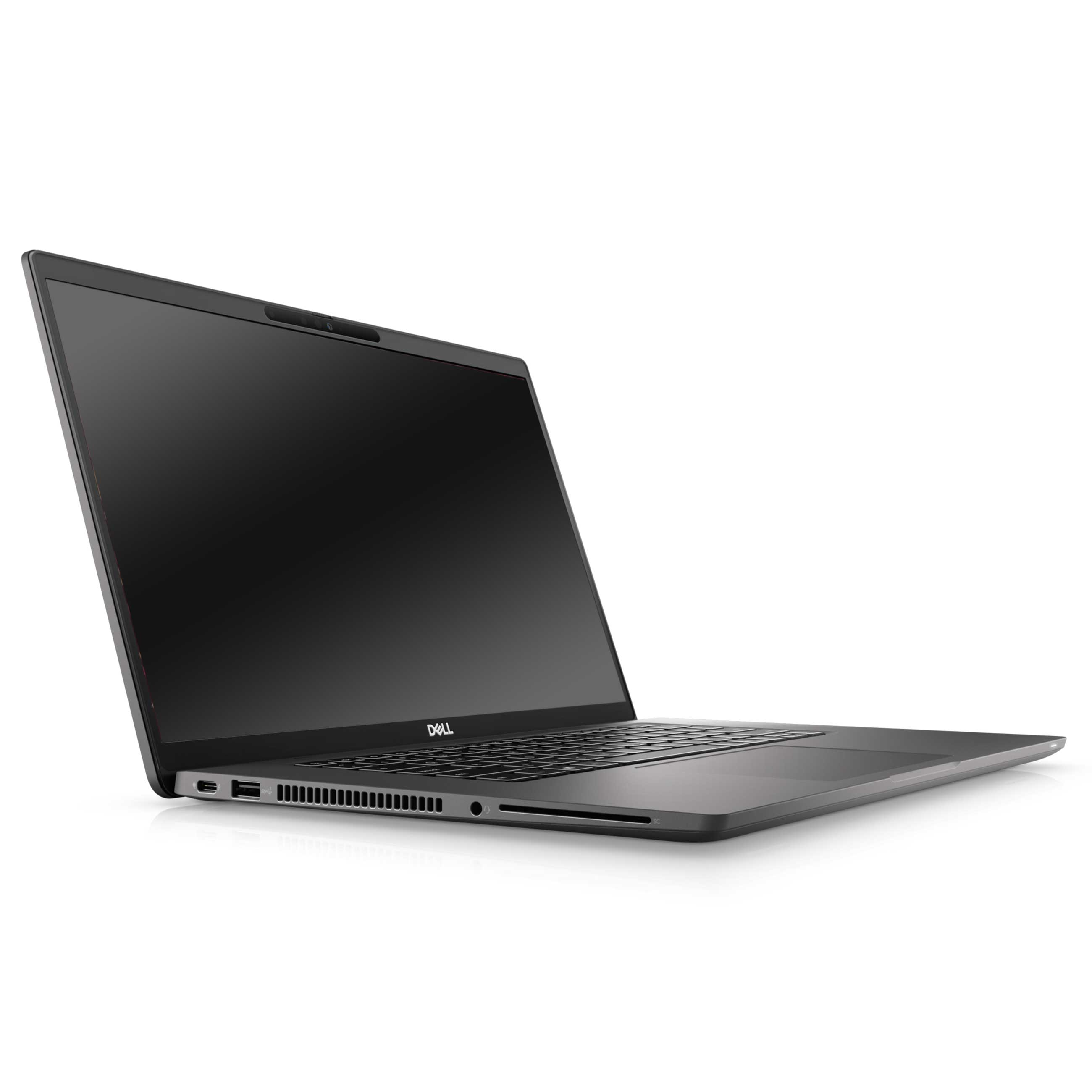 Ein geschlossener schwarzer Dell-Laptop steht auf einer weißen Oberfläche mit sichtbaren Anschlüssen an der Seite.