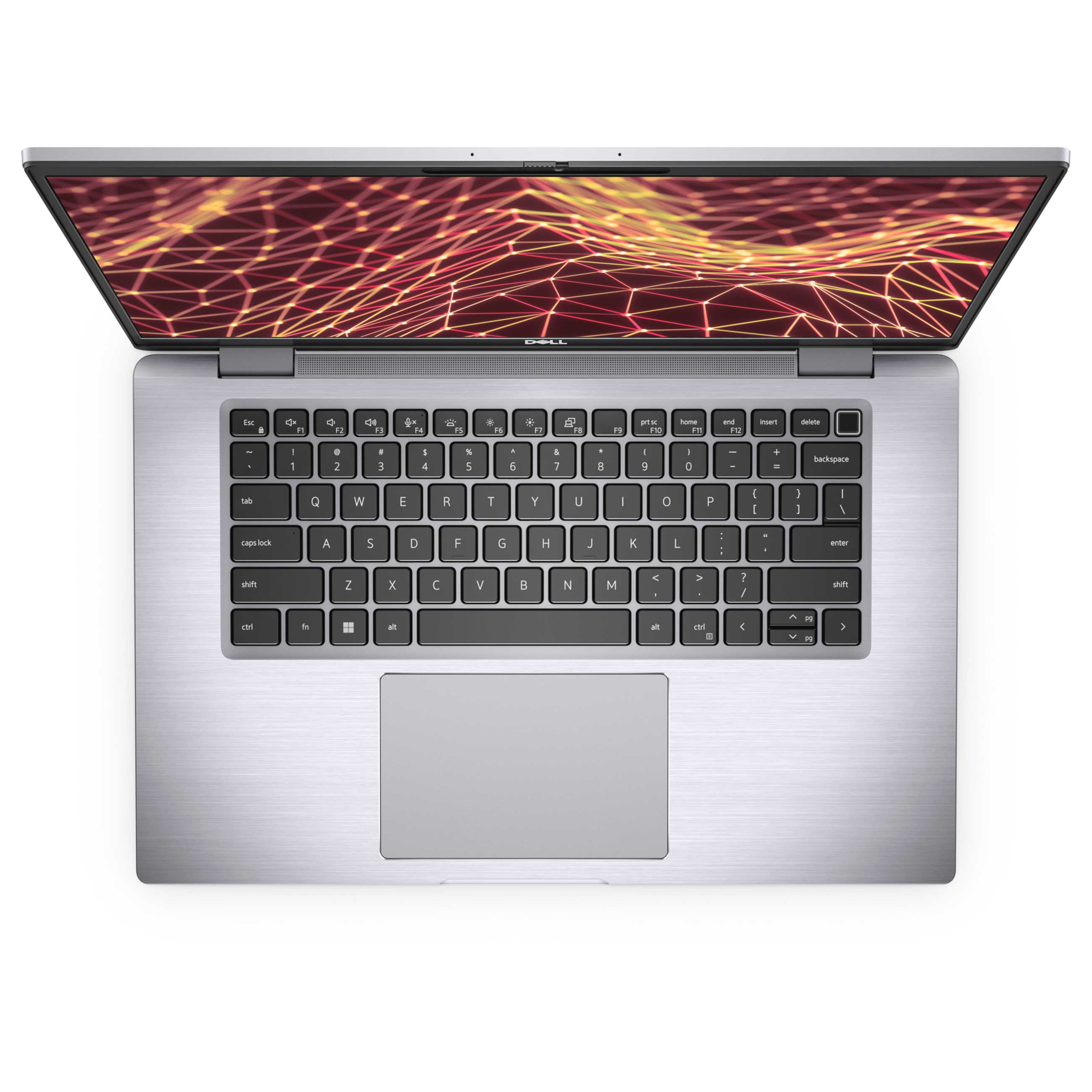 Top-down-Ansicht eines silbernen Laptops mit beleuchtetem rotem Musterbildschirm und schwarzer Tastatur.