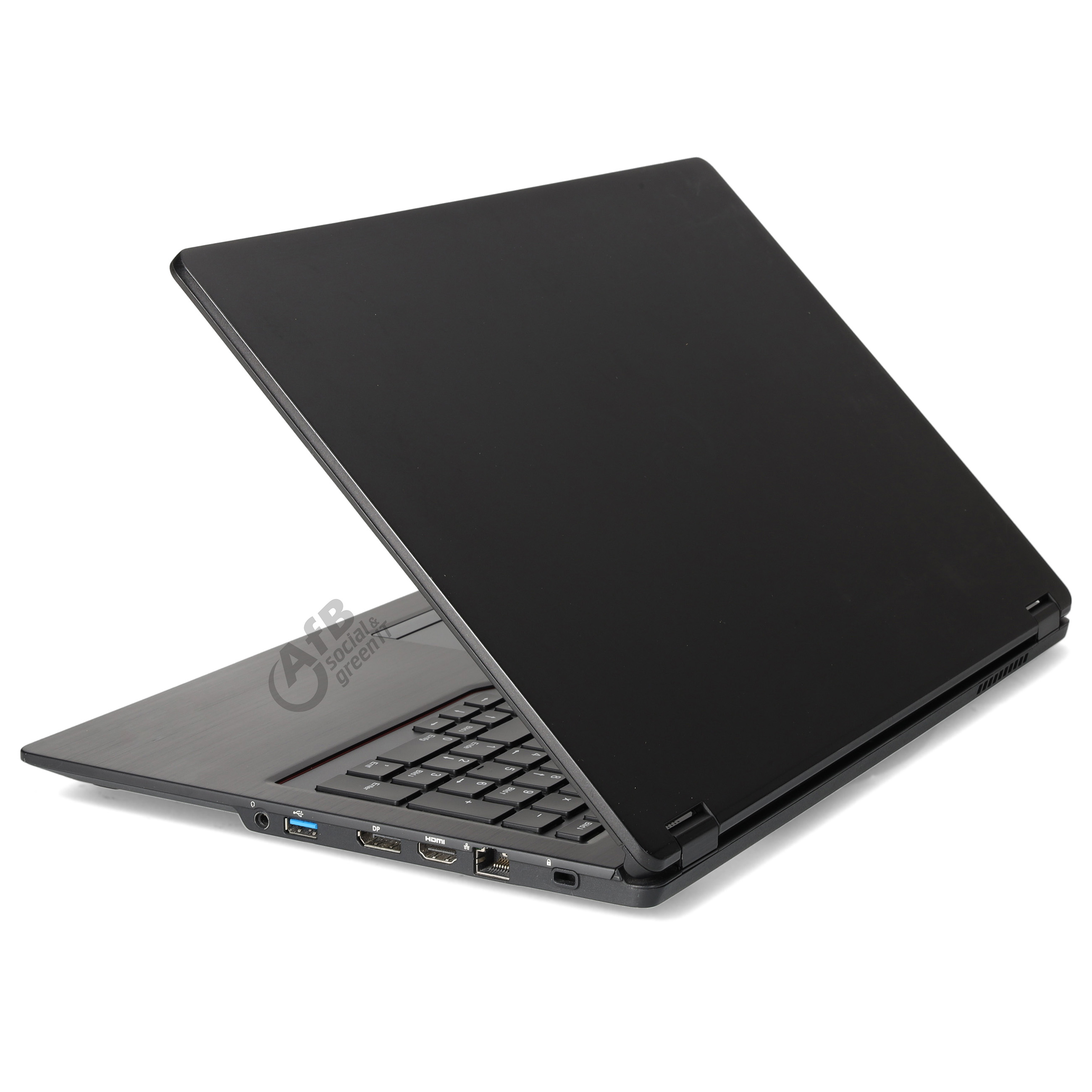 Ein schwarzer Laptop von der Seite und hinten auf weißem Hintergrund.