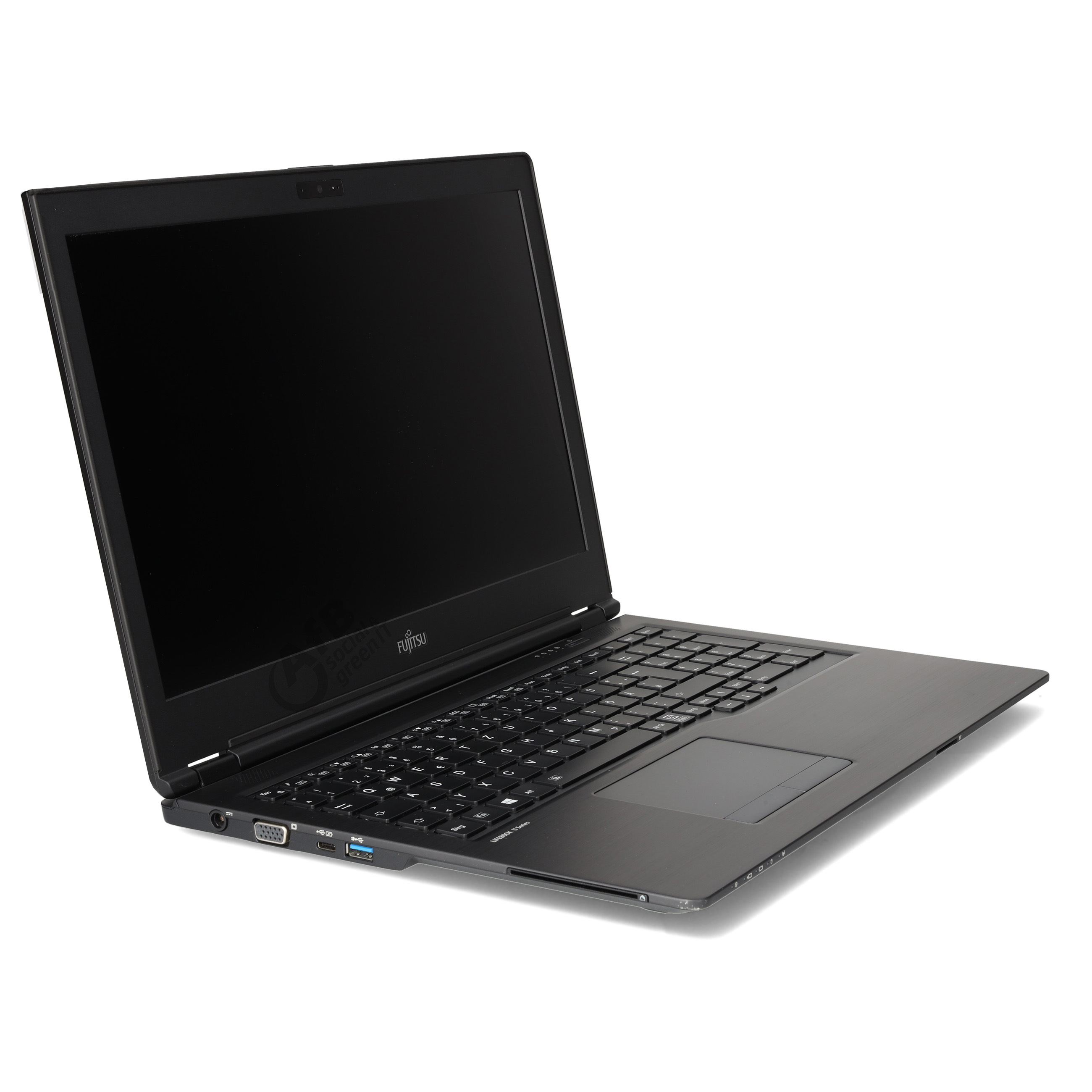 Ein offener, schwarzer Fujitsu Laptop steht auf einer weißen Oberfläche mit sichtbarer Tastatur, Bildschirm und Anschlüssen.