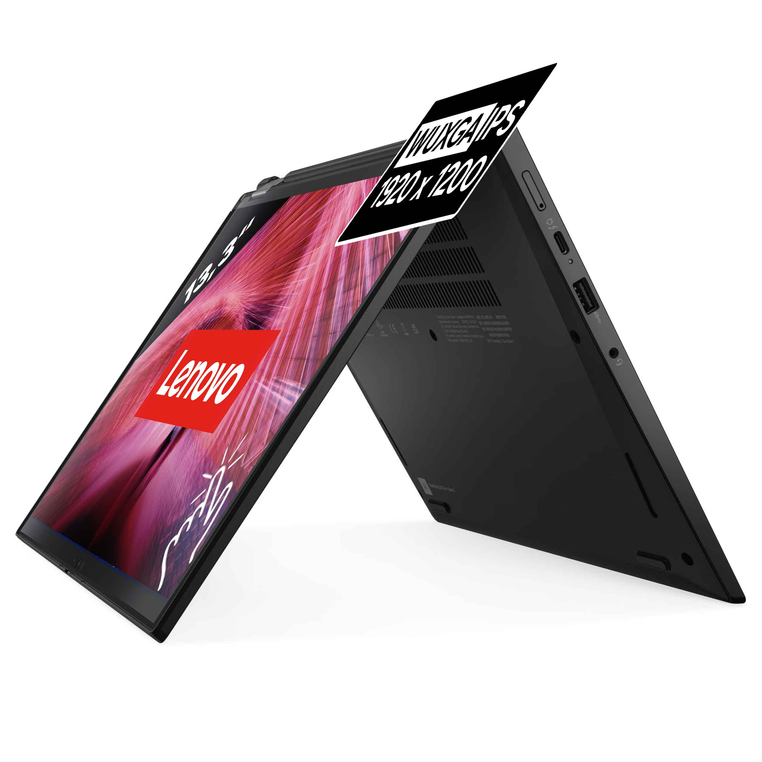 Ein schwarzes Lenovo-Laptop mit umgeklapptem Bildschirm zeigt rote Grafiken und Texthinweise zu den Maßen.