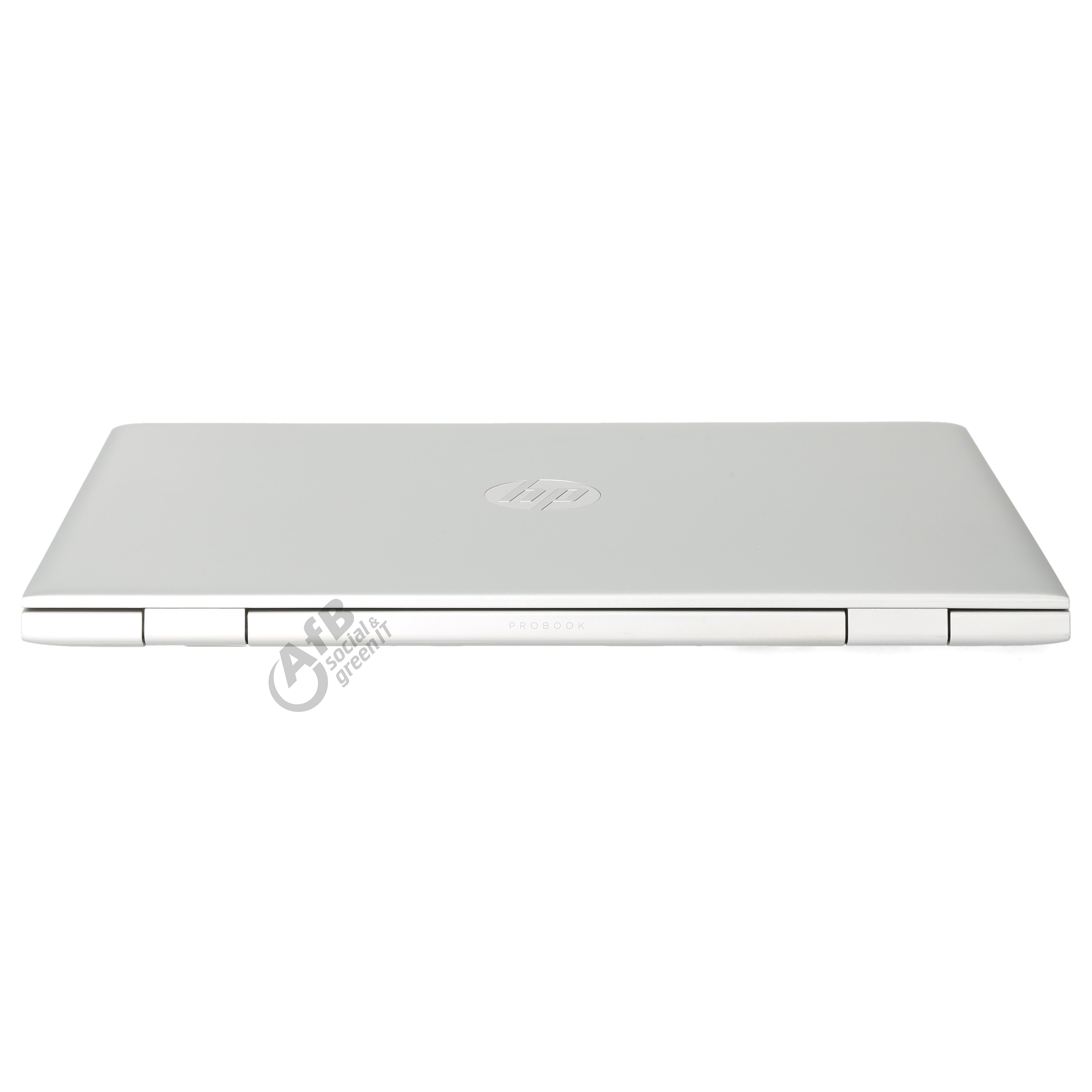 Geschlossener silberner HP ProBook Laptop auf weißem Hintergrund mit Firmenlogo.