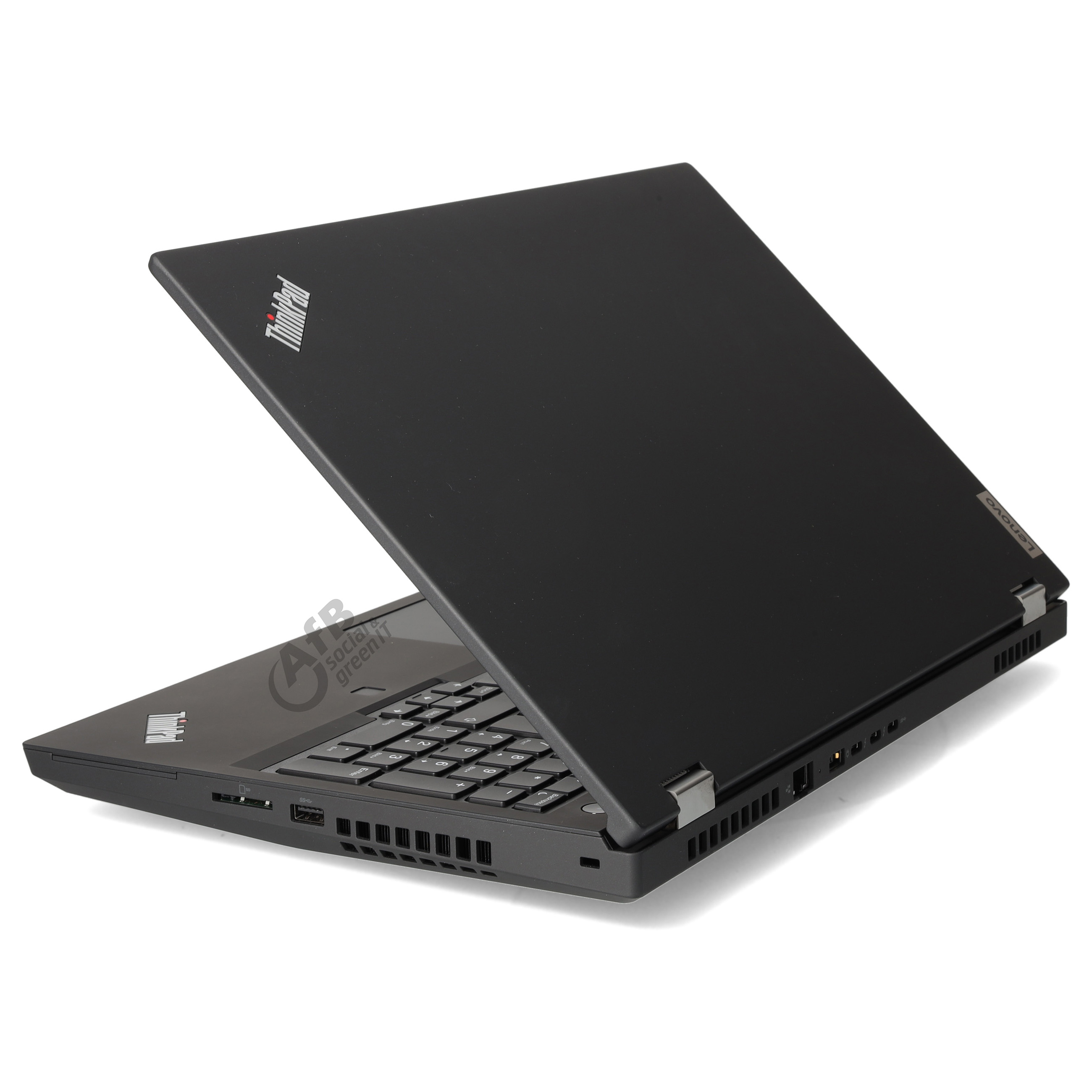 Ein schwarzer Lenovo ThinkPad Laptop auf einer weissen Oberflaeche, leicht geoeffnet.