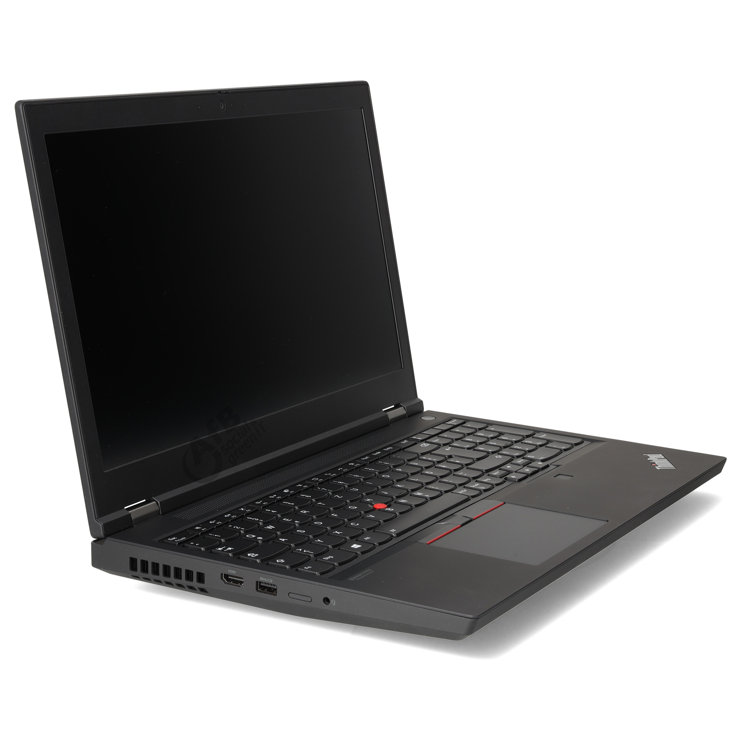Ein offener, schwarzer Laptop steht auf weißem Hintergrund mit Blick von schräg vorne auf die Tastatur und den Bildschirm.