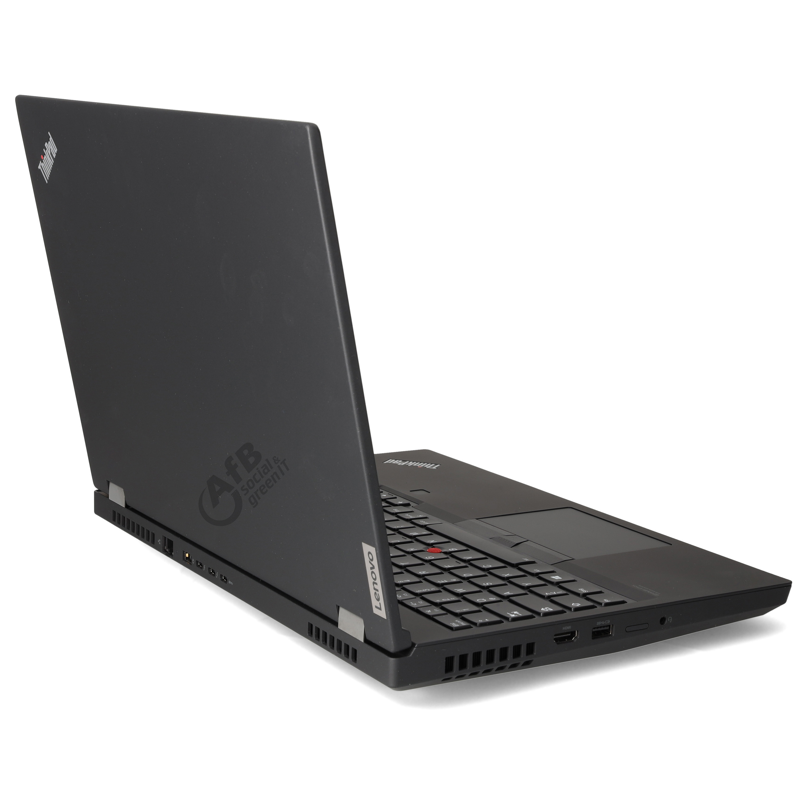 Ein schwarzer Lenovo ThinkPad Laptop mit geschlossenem Deckel und AfB-Logo auf weißem Hintergrund.