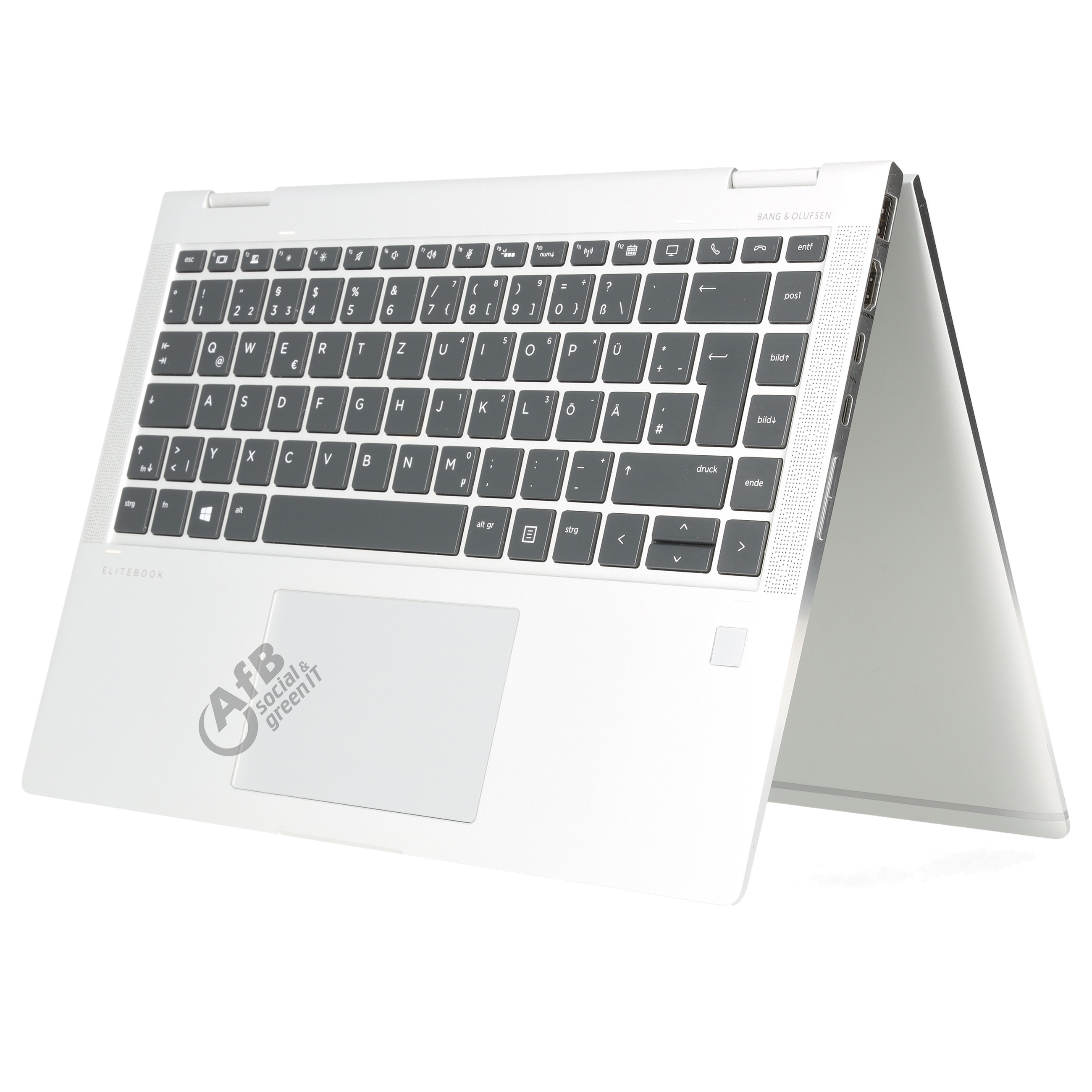 Silbernes HP EliteBook Laptop im Zeltmodus auf weißem Hintergrund.