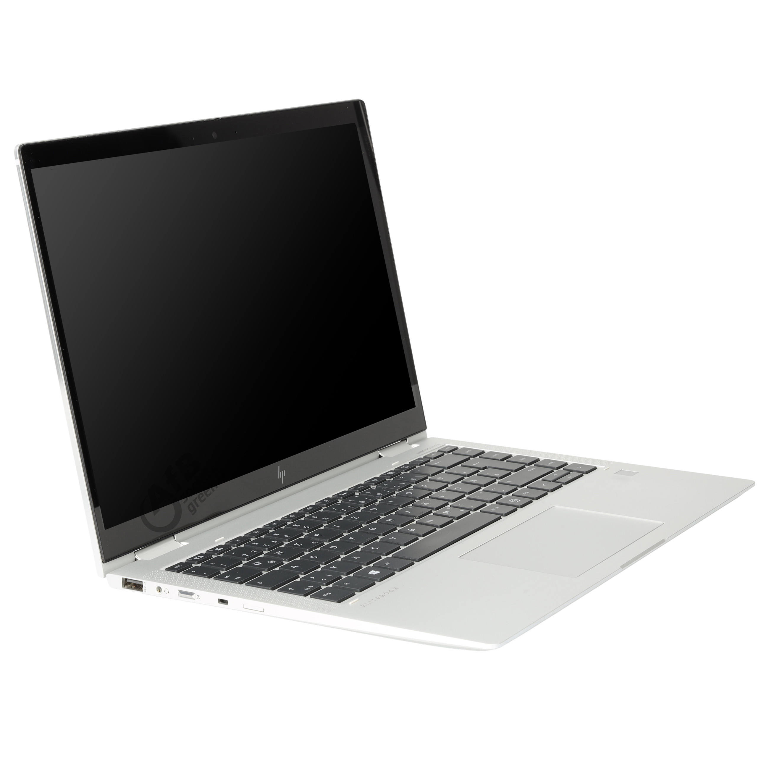 Ein silberner Laptop ist auf einer weißen Oberfläche offen dargestellt.