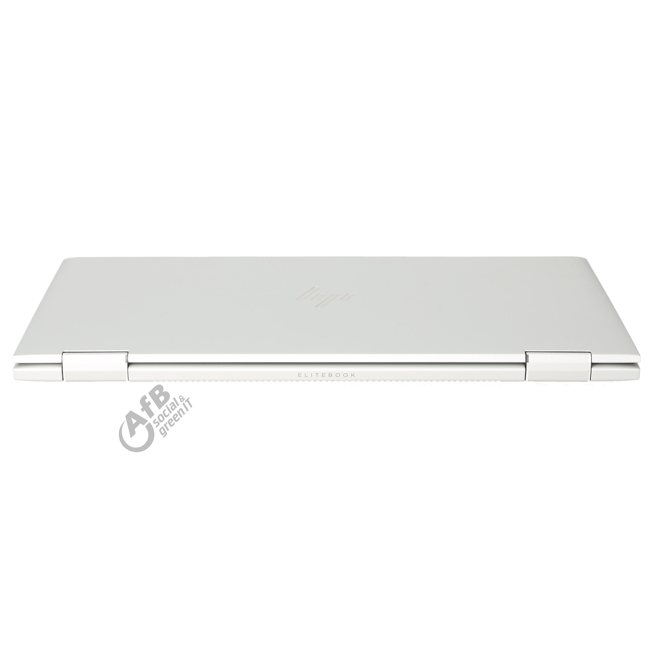 Geschlossener silberner HP EliteBook Laptop vor weißem Hintergrund.