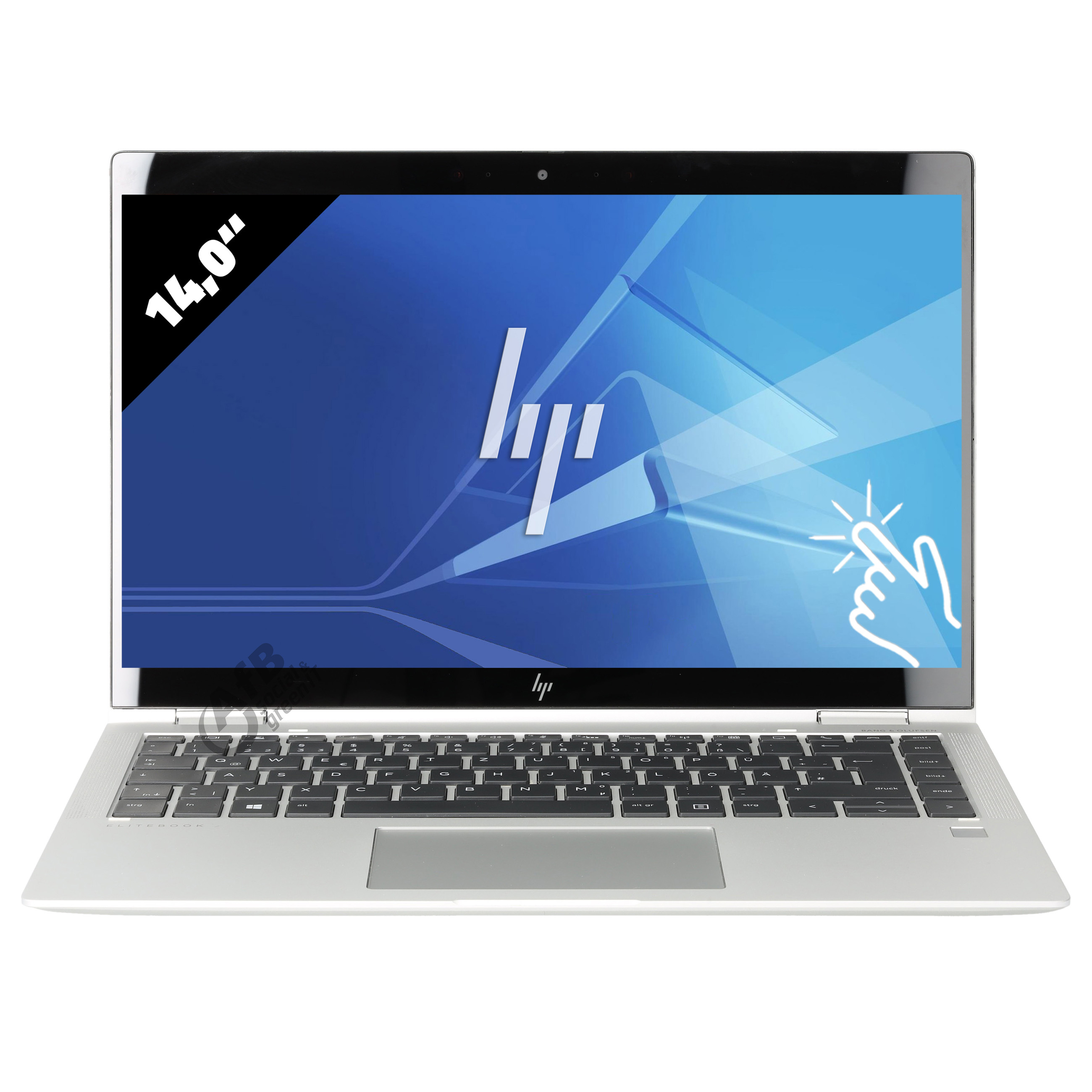 Silberner HP EliteBook 14-Zoll-Laptop mit blauem Bildschirm und schwarzer Tastatur.