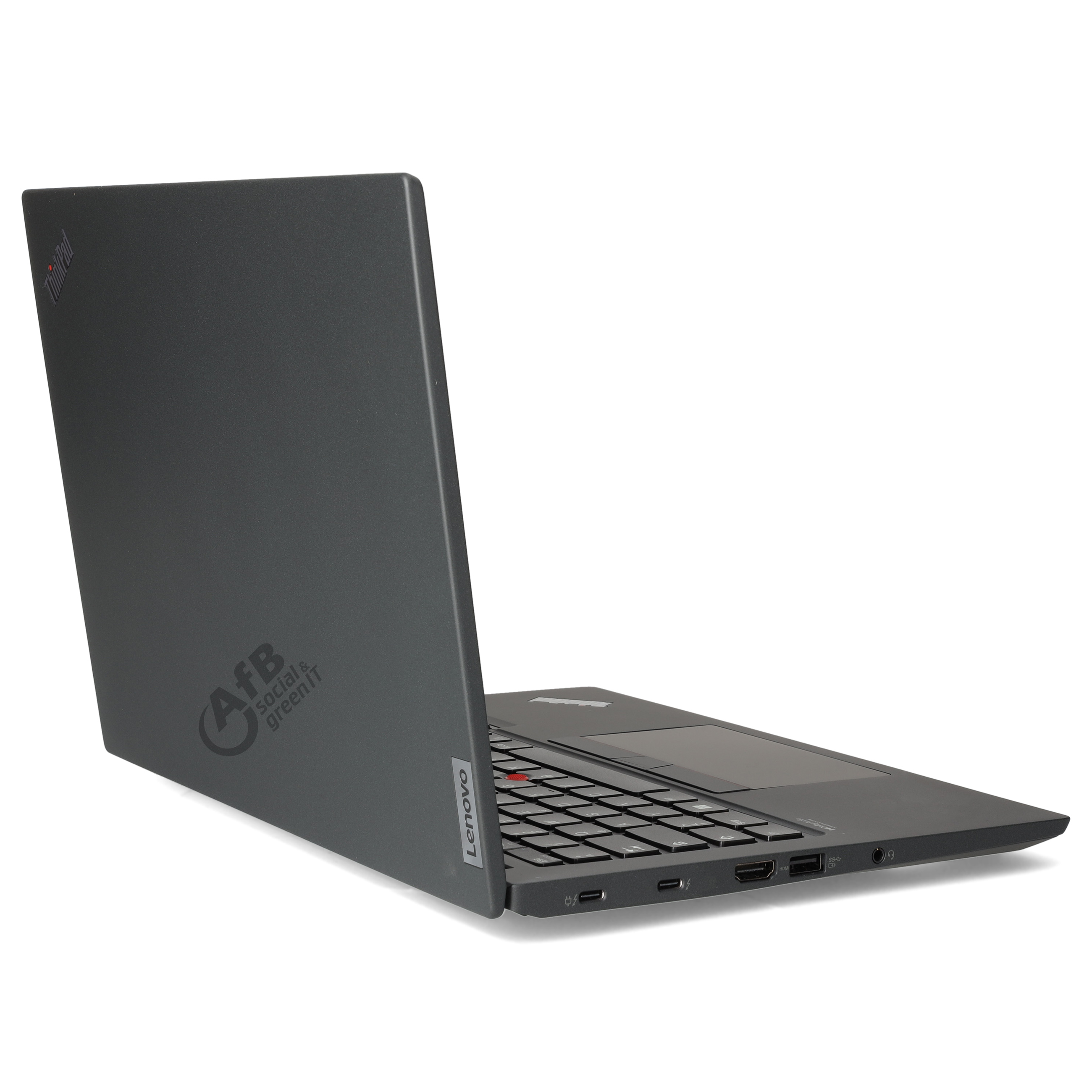 Ein geschlossener dunkler Laptop mit AfB-Logo auf der Rückseite und sichtbaren Anschlüssen an der Seite auf weißem Grund.