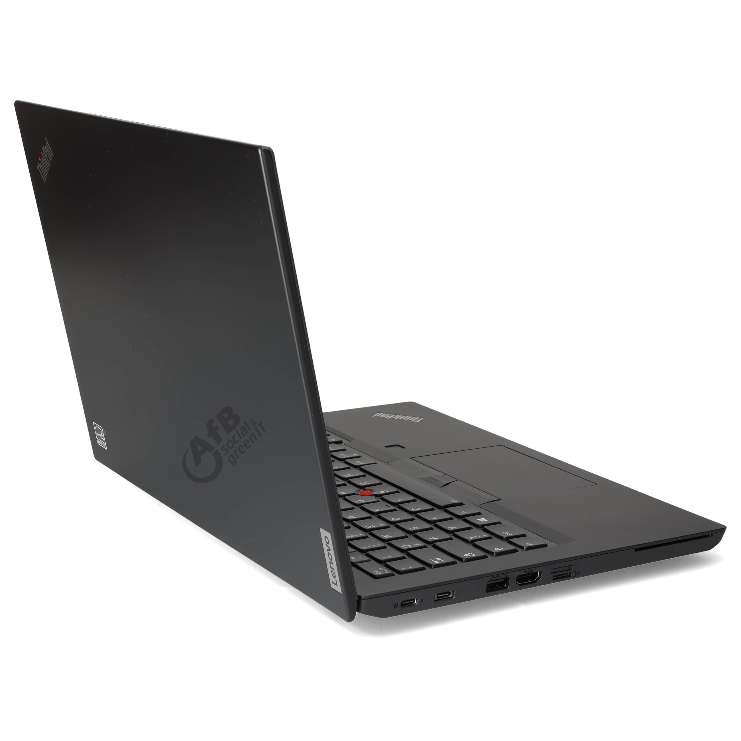 Ein schwarzer Lenovo ThinkPad Laptop ist leicht geöffnet auf einer weißen Oberfläche dargestellt.