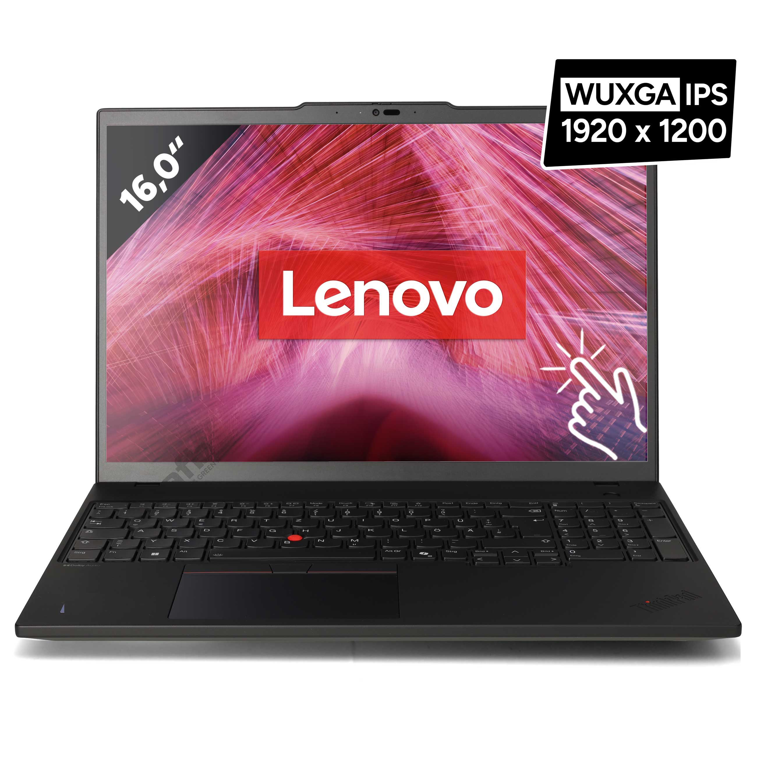 Ein offener Lenovo ThinkPad Laptop mit 16-Zoll-Bildschirm und deutscher Tastatur.