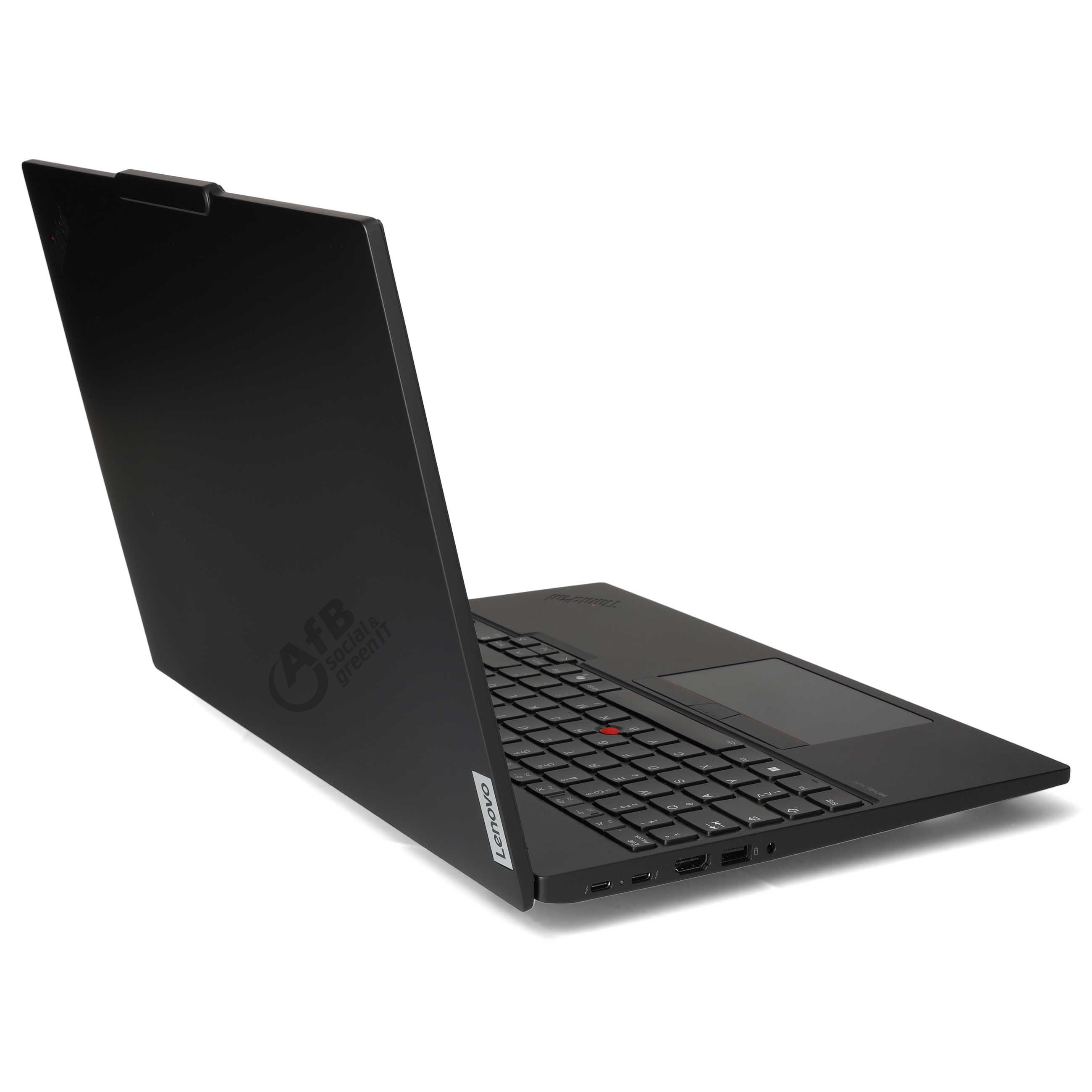 Ein schwarzer Lenovo-Laptop steht auf einer weißen Oberfläche; der Deckel und die Tastatur sind aus einem Blickwinkel zu sehen.