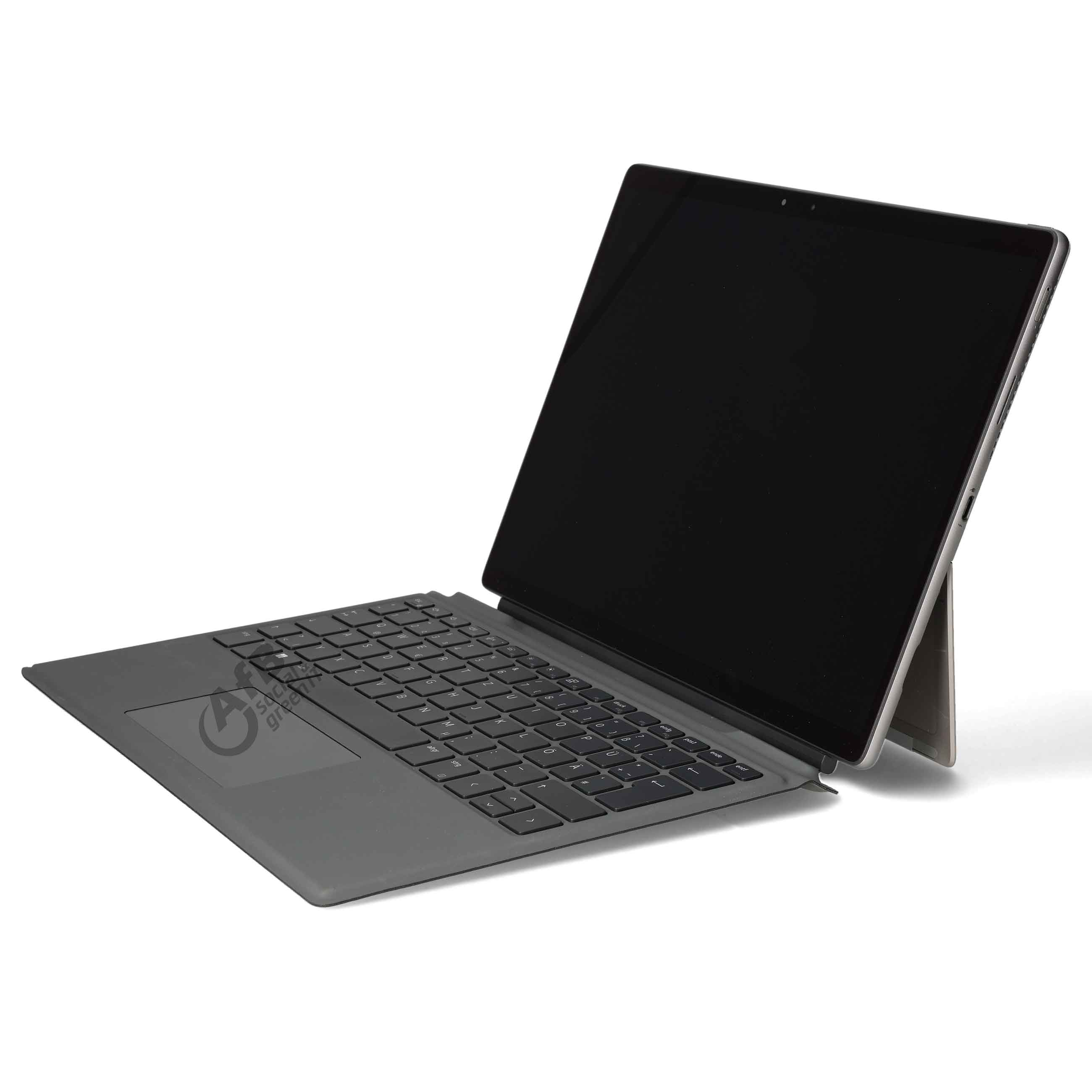 Ein graues Tablet mit abnehmbarer Tastatur und schwarzem Bildschirm, schräg vor weißem Hintergrund.