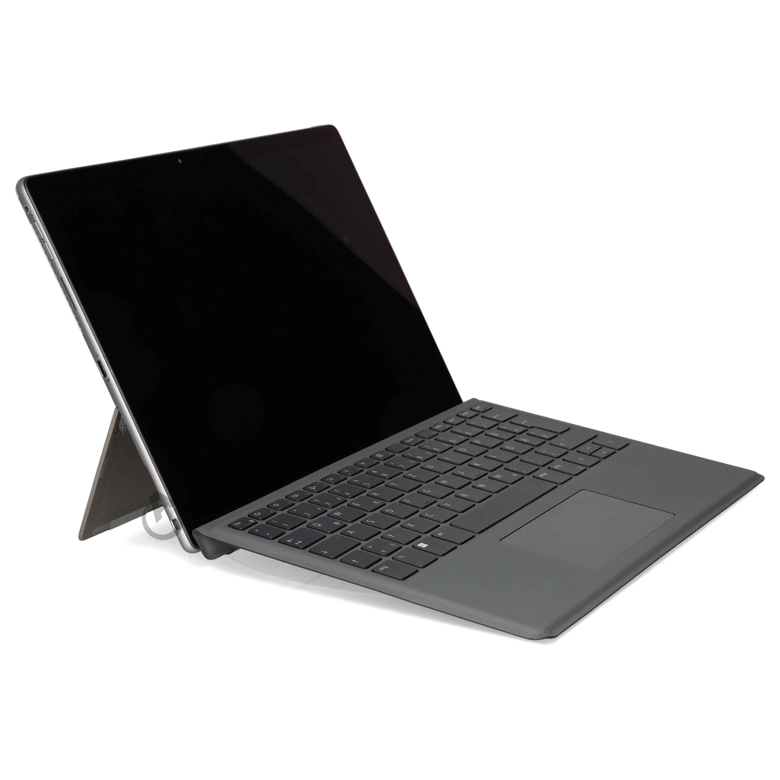 Ein graues 2-in-1-Laptop mit abnehmbarer Tastatur und schwarzem Bildschirm auf weißem Hintergrund.