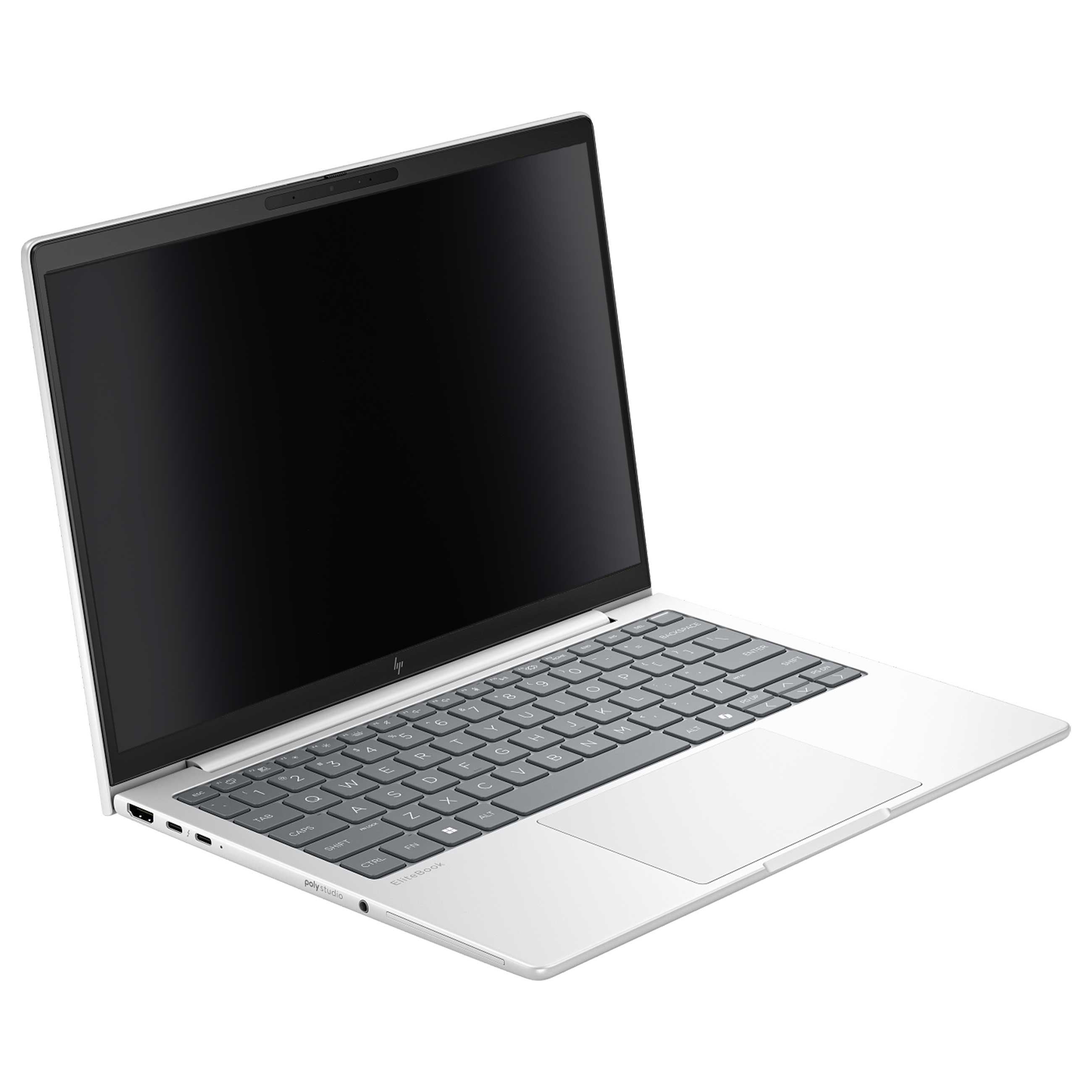 Ein silberner Laptop mit schwarzem Bildschirm und grauer Tastatur auf weißem Hintergrund.