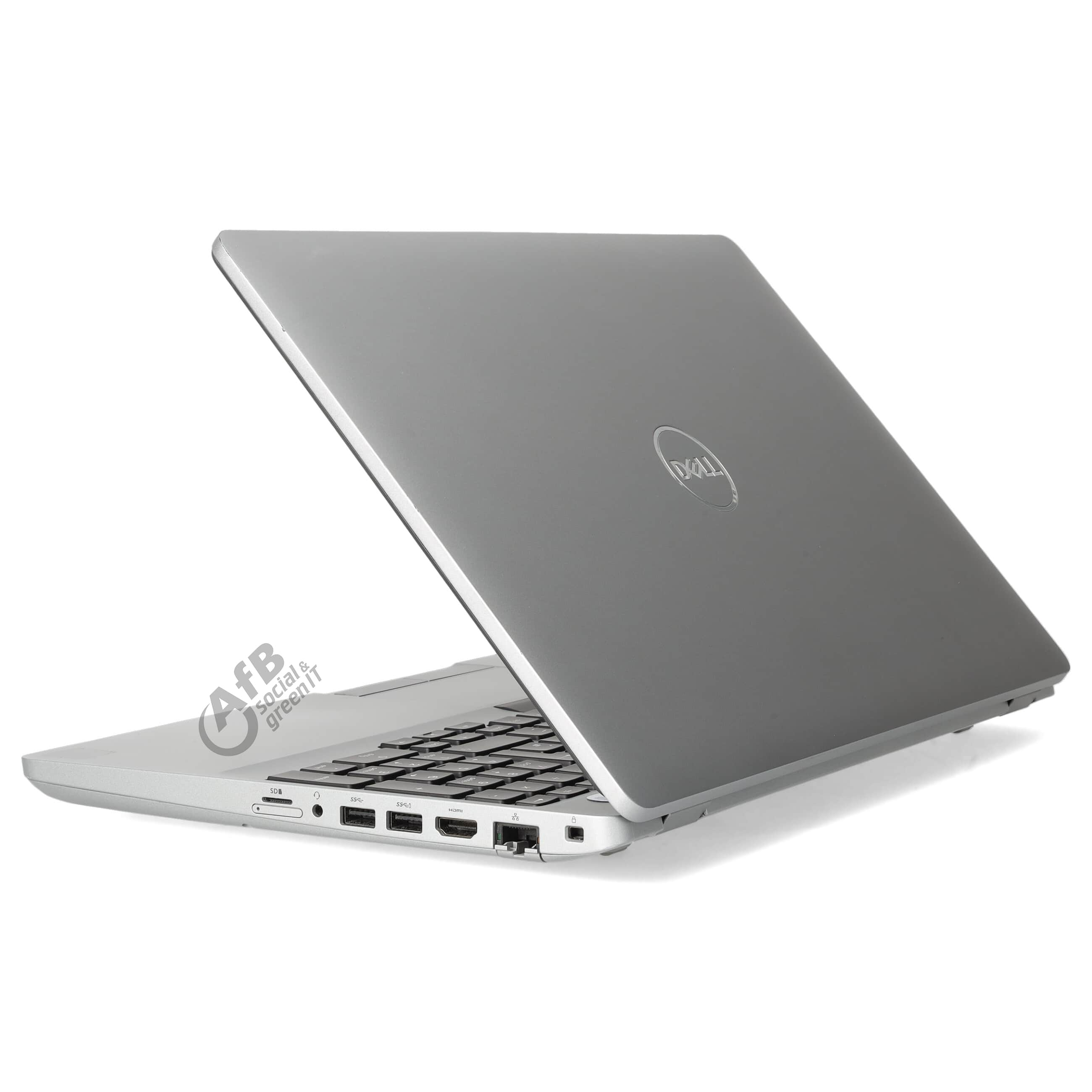 Ein silberner Dell-Laptop in halboffener Position auf weißem Hintergrund, mit sichtbaren Anschlüssen an der Seite.
