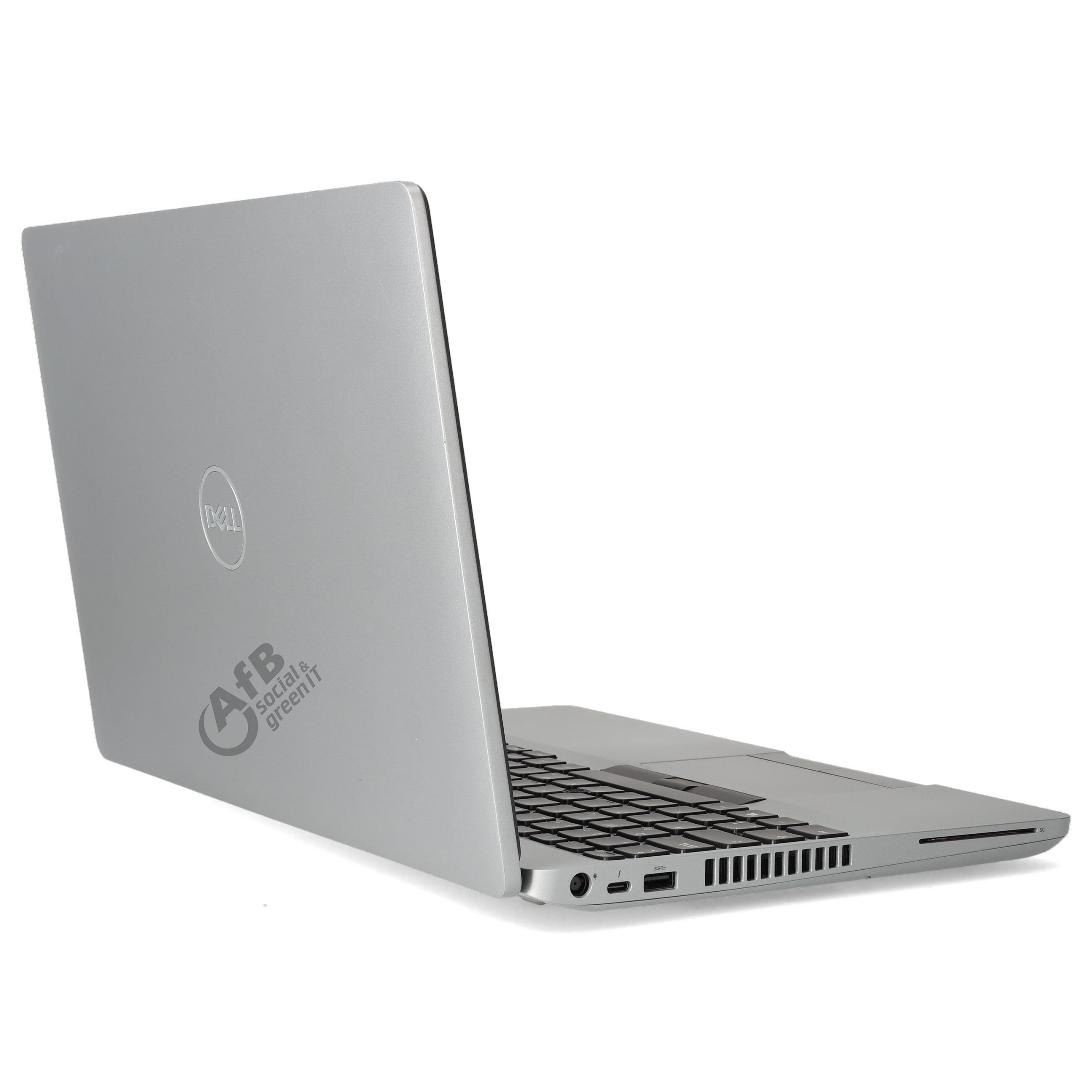 Ein silberner Dell Laptop steht auf weißem Grund. Die Rückseite zeigt ein Logo mit Aufschrift.