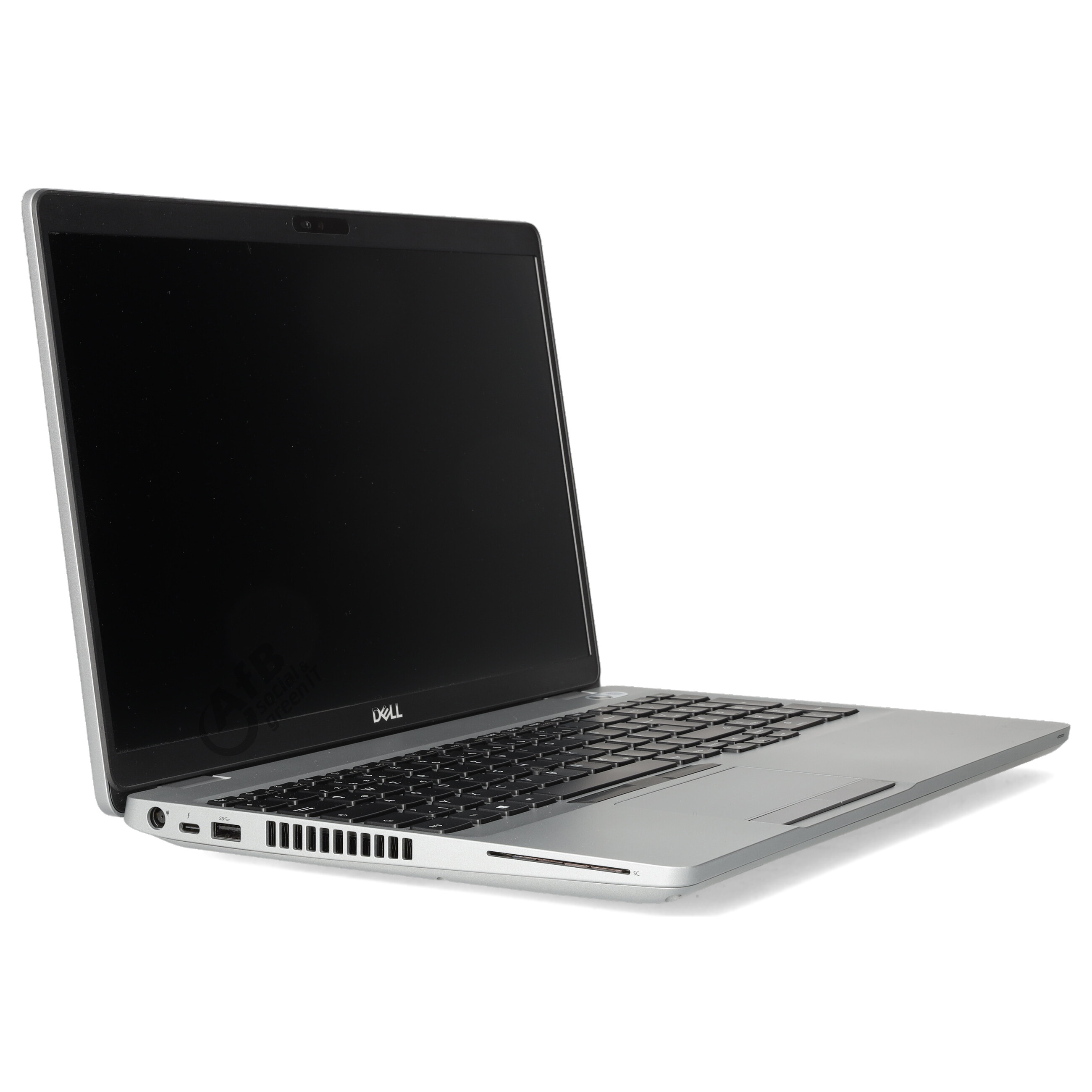 Ein silberner Dell-Laptop auf weißem Hintergrund, seitlich geöffnet mit schwarzem Bildschirm und Tastatur.