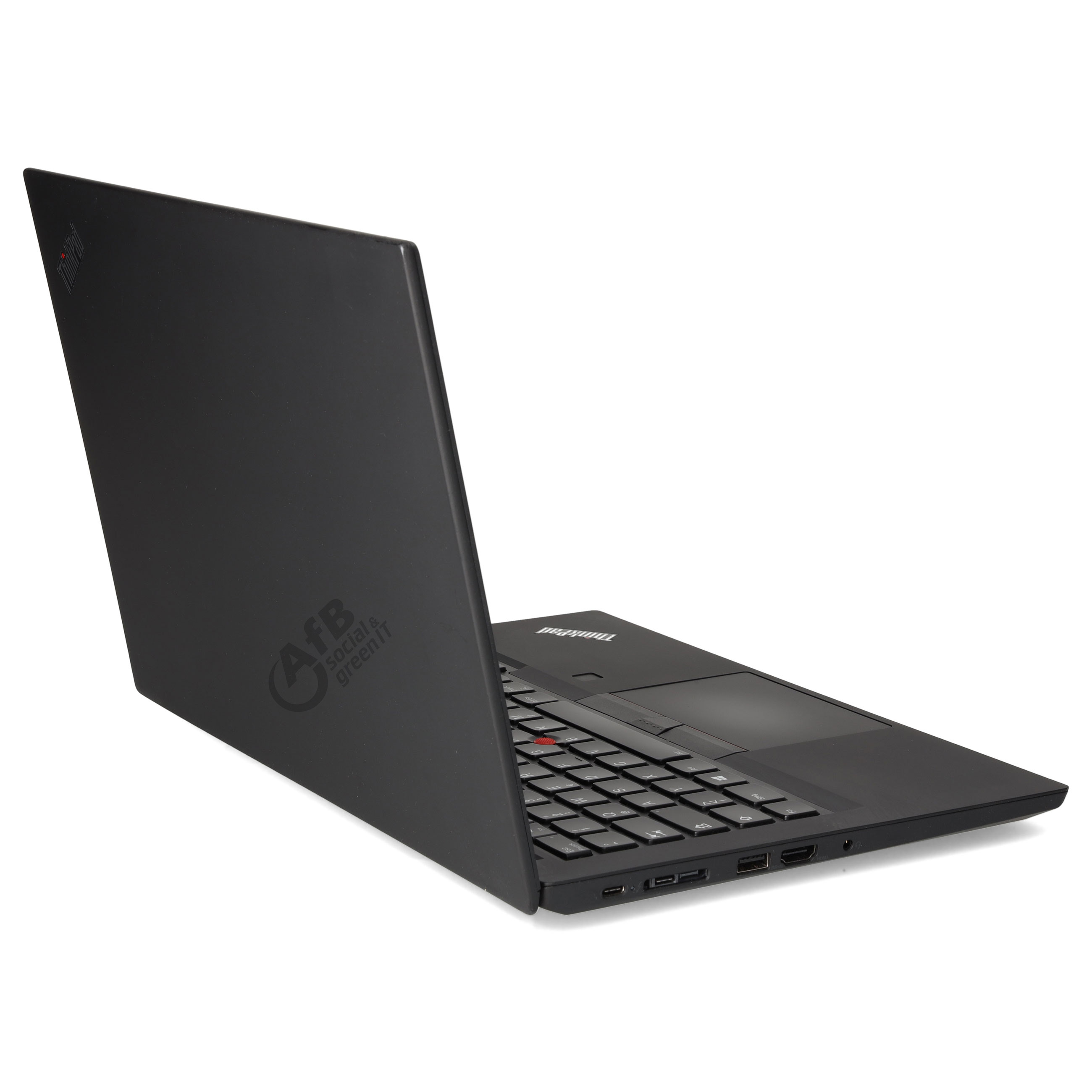 Ein schwarzer Lenovo ThinkPad Laptop steht offen auf einer weißen Oberfläche mit sichtbarer Tastatur und Anschlüssen.