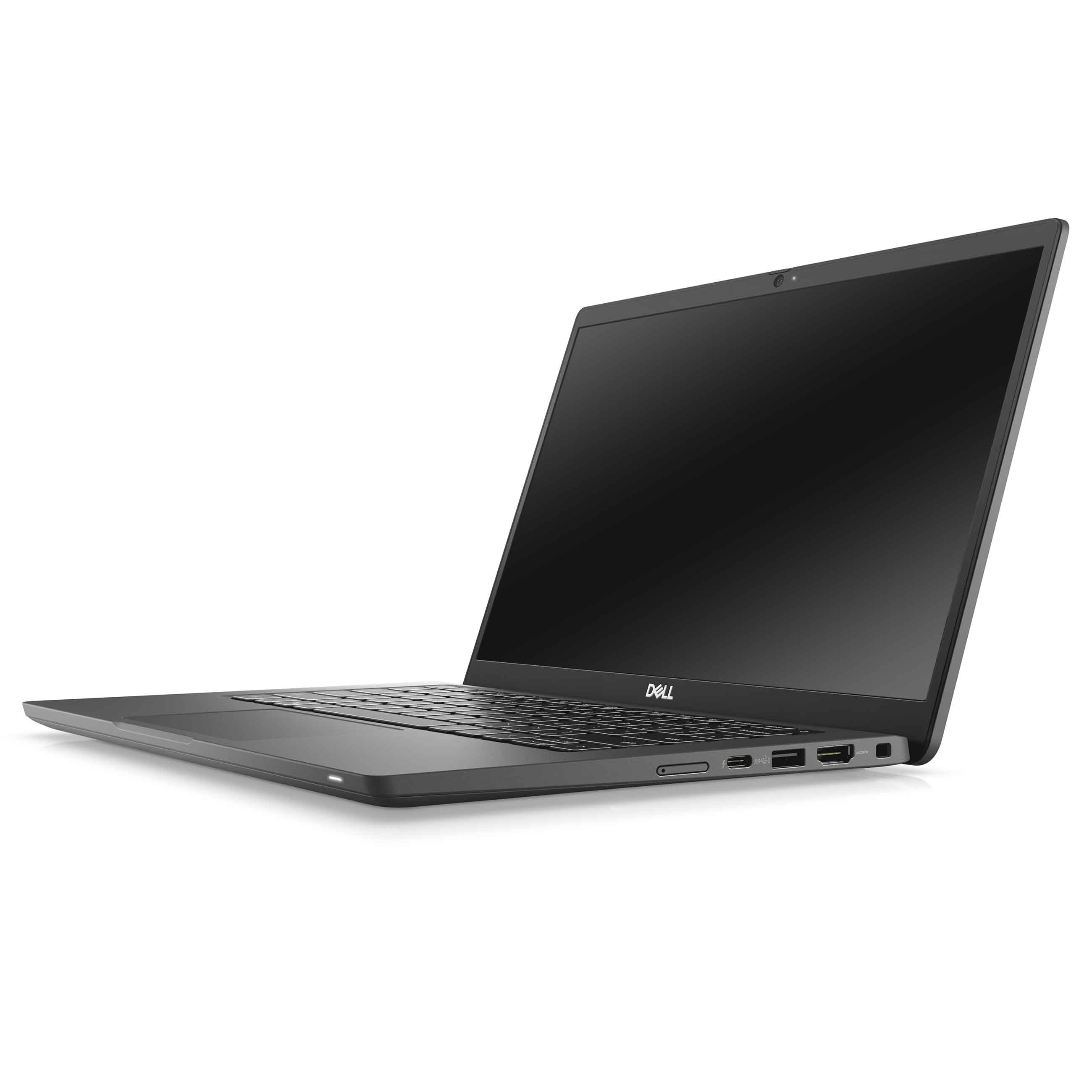 Ein schlanker, grauer Dell-Laptop steht auf einer weißen Oberfläche und zeigt das Gehäuse von der rechten Seite.