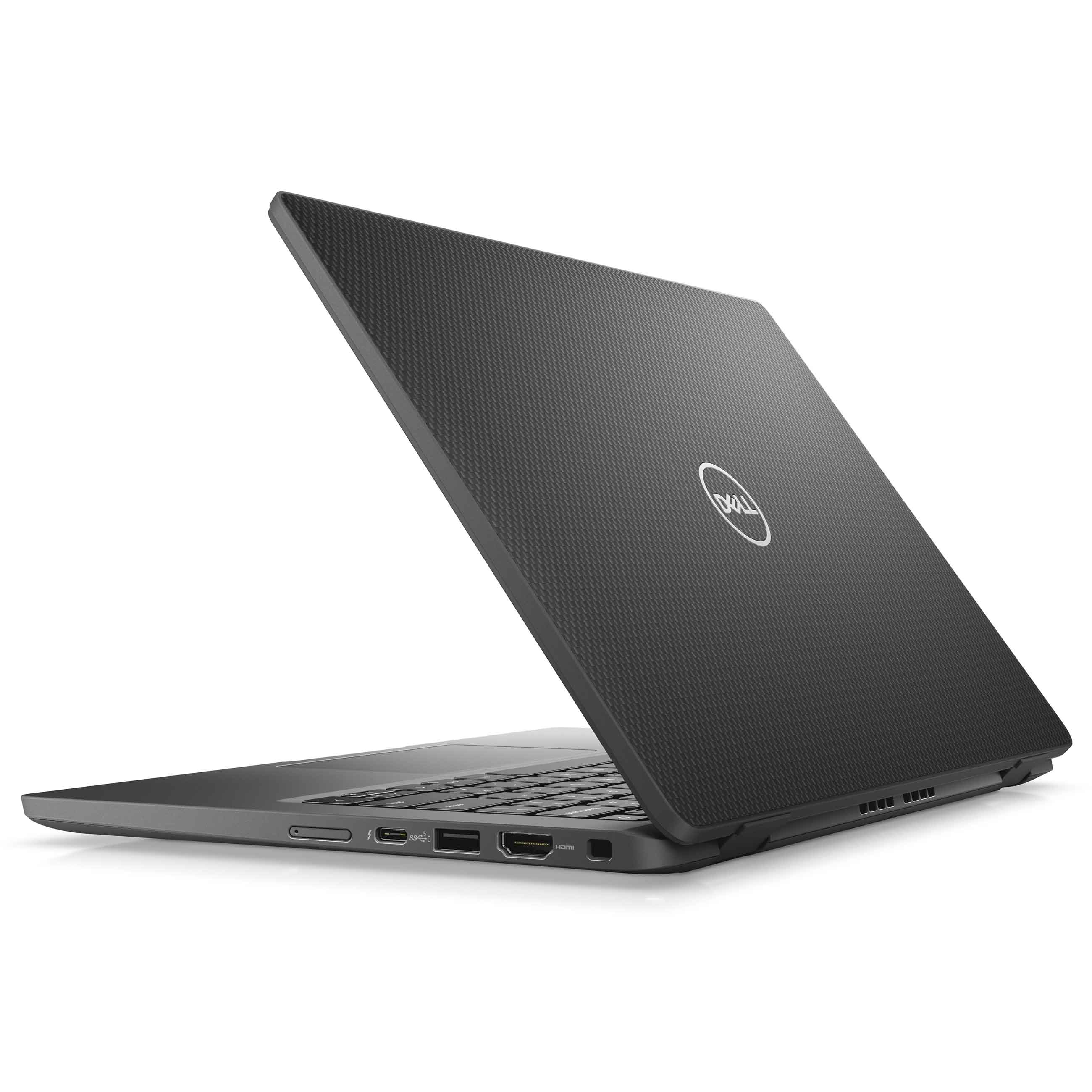 Ein grauer Dell-Laptop mit strukturierter Rückseite, schwarzer Tastatur und sichtbaren Anschlüssen.