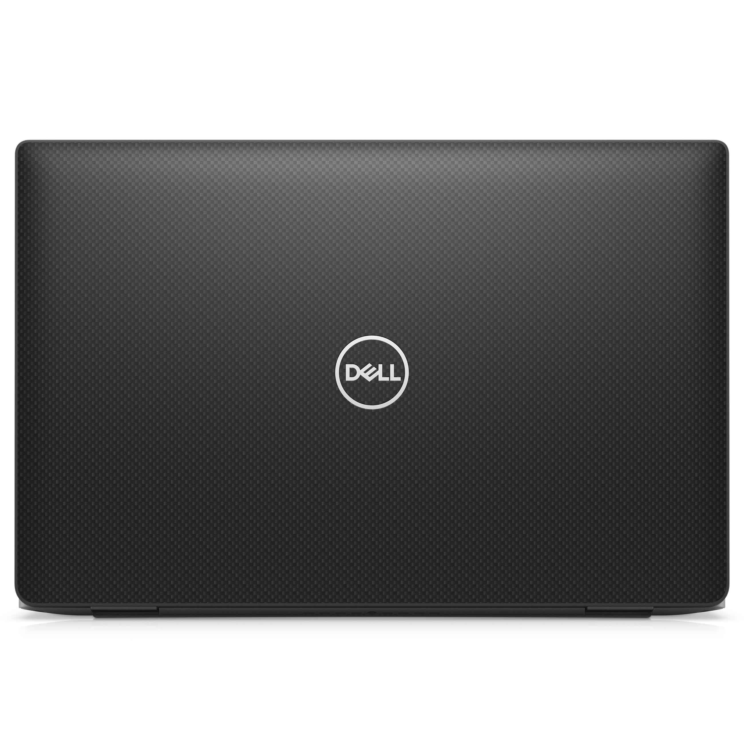 Geschlossener schwarzer Dell Laptop mit weißem Dell Logo in der Mitte auf weißem Hintergrund.