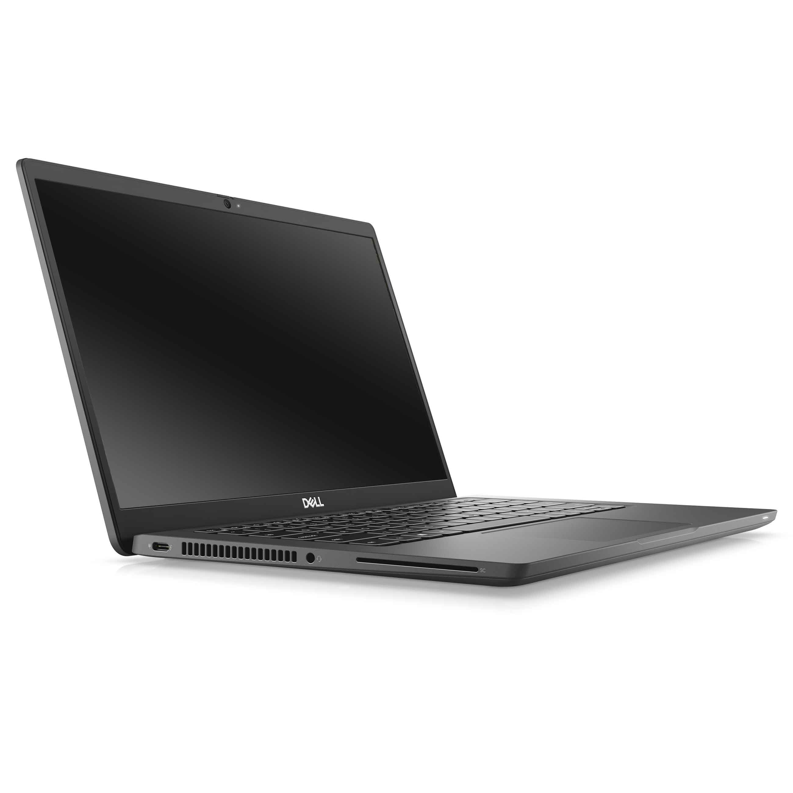 Ein schwarzer Dell Laptop auf weißem Hintergrund, aus niedriger Perspektive mit Anschlüssen und Tastatur.