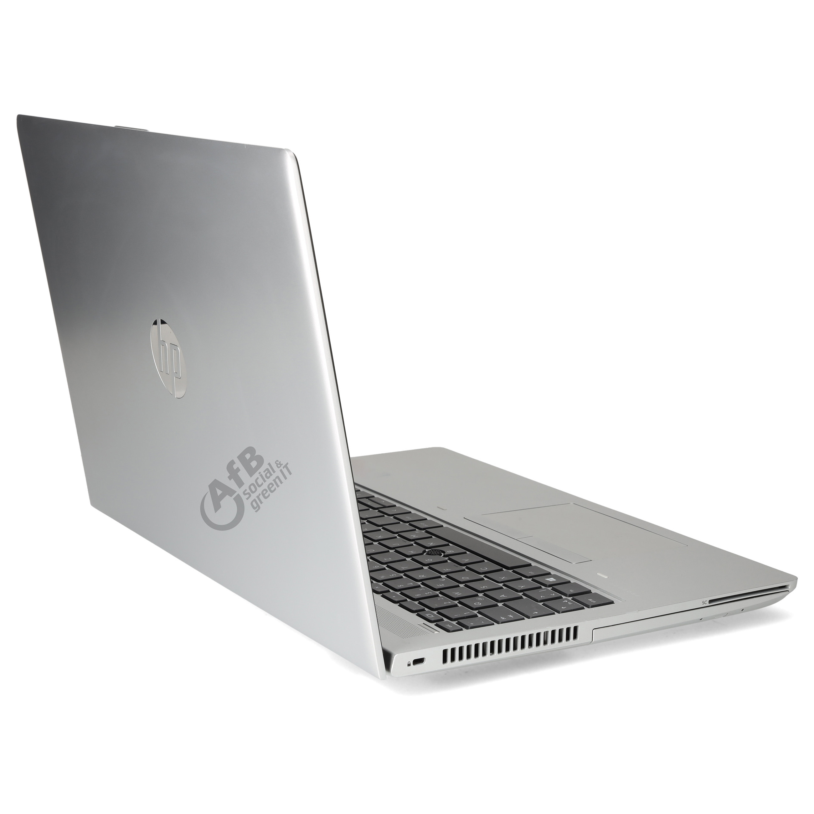 Silberner HP-Laptop auf weißem Hintergrund mit AfB-Logo auf dem Deckel.