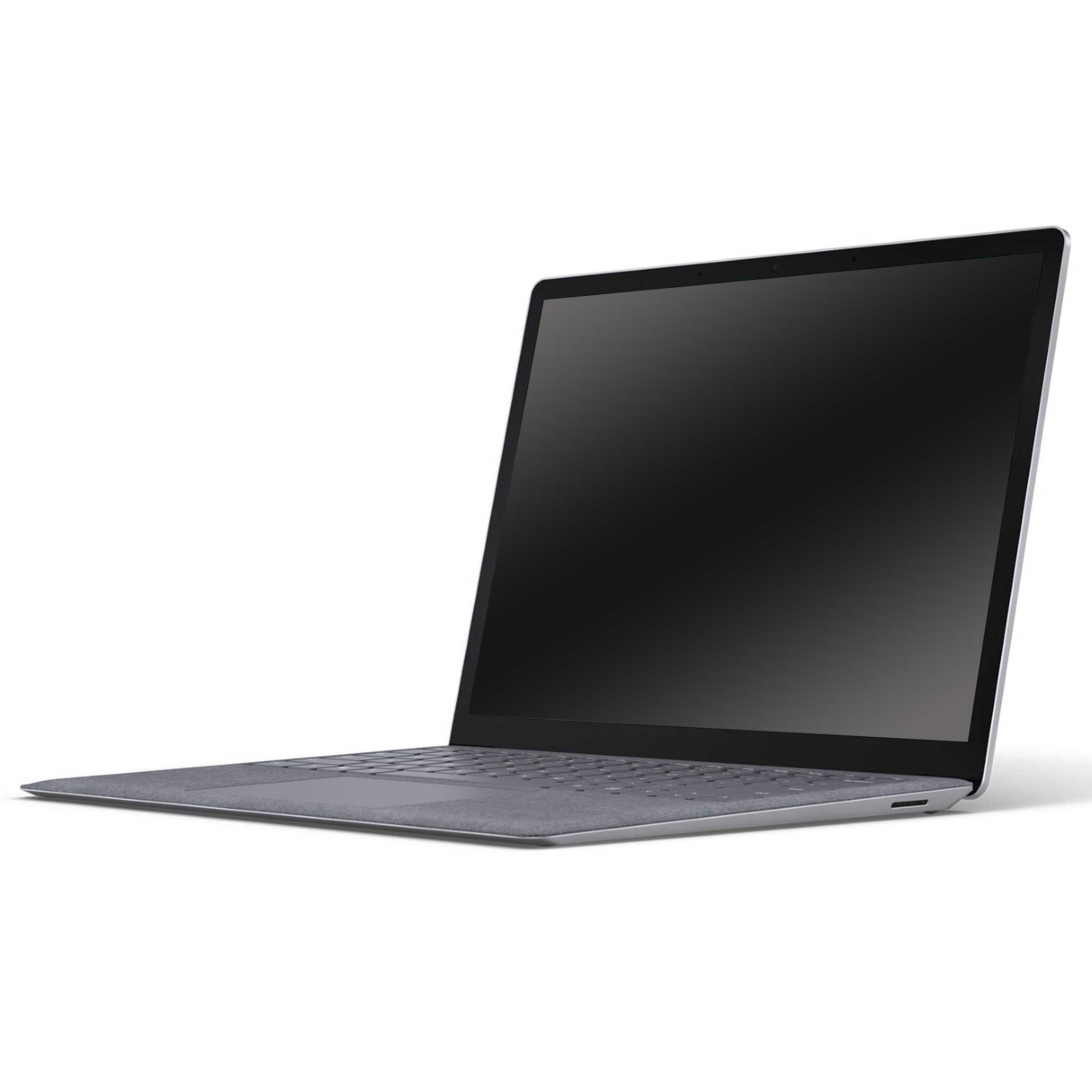 Ein silberner Laptop mit schwarzem Bildschirm steht schräg auf einer weißen Oberfläche.