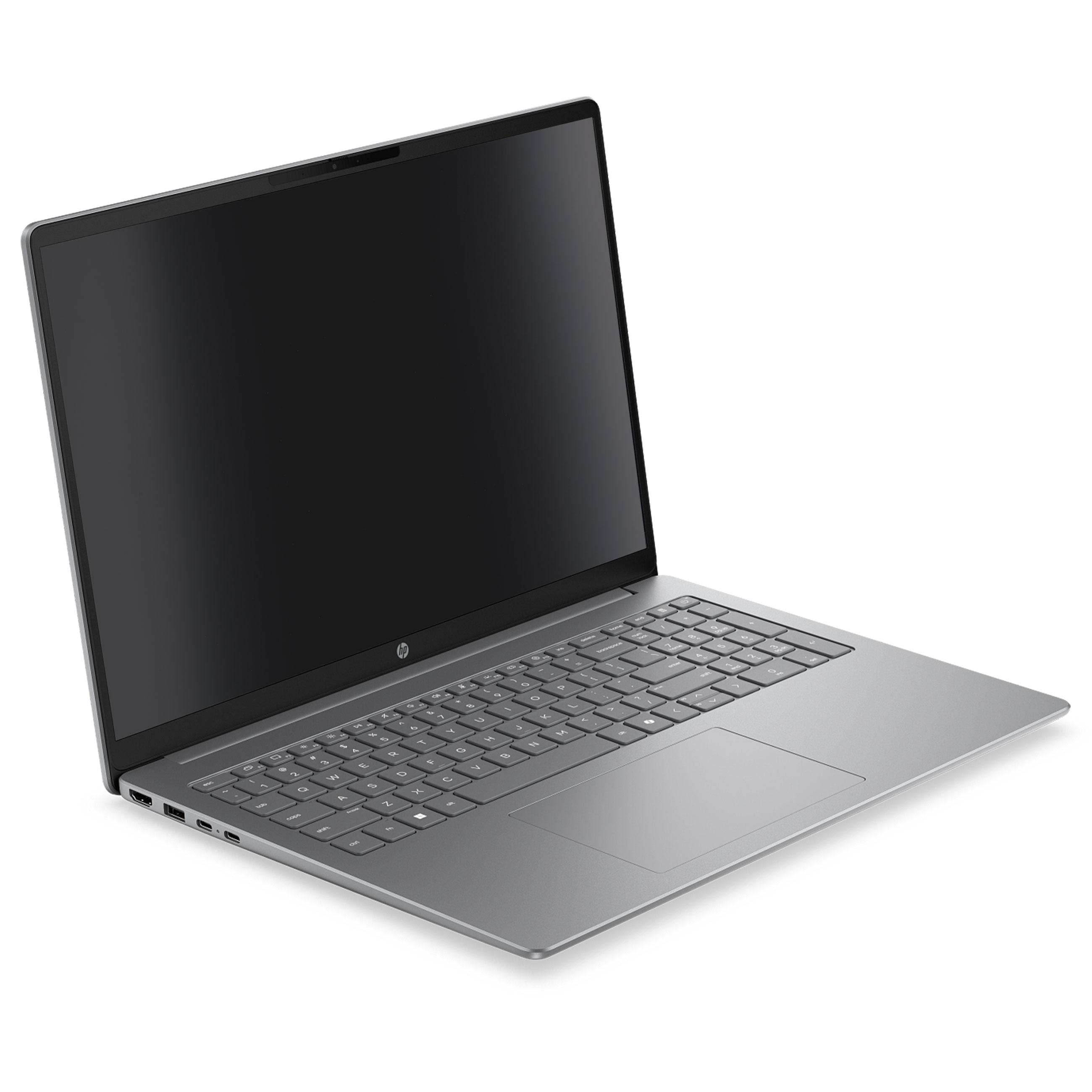 Ein silberner Laptop mit schwarzem Bildschirm steht auf einer weißen Oberfläche.