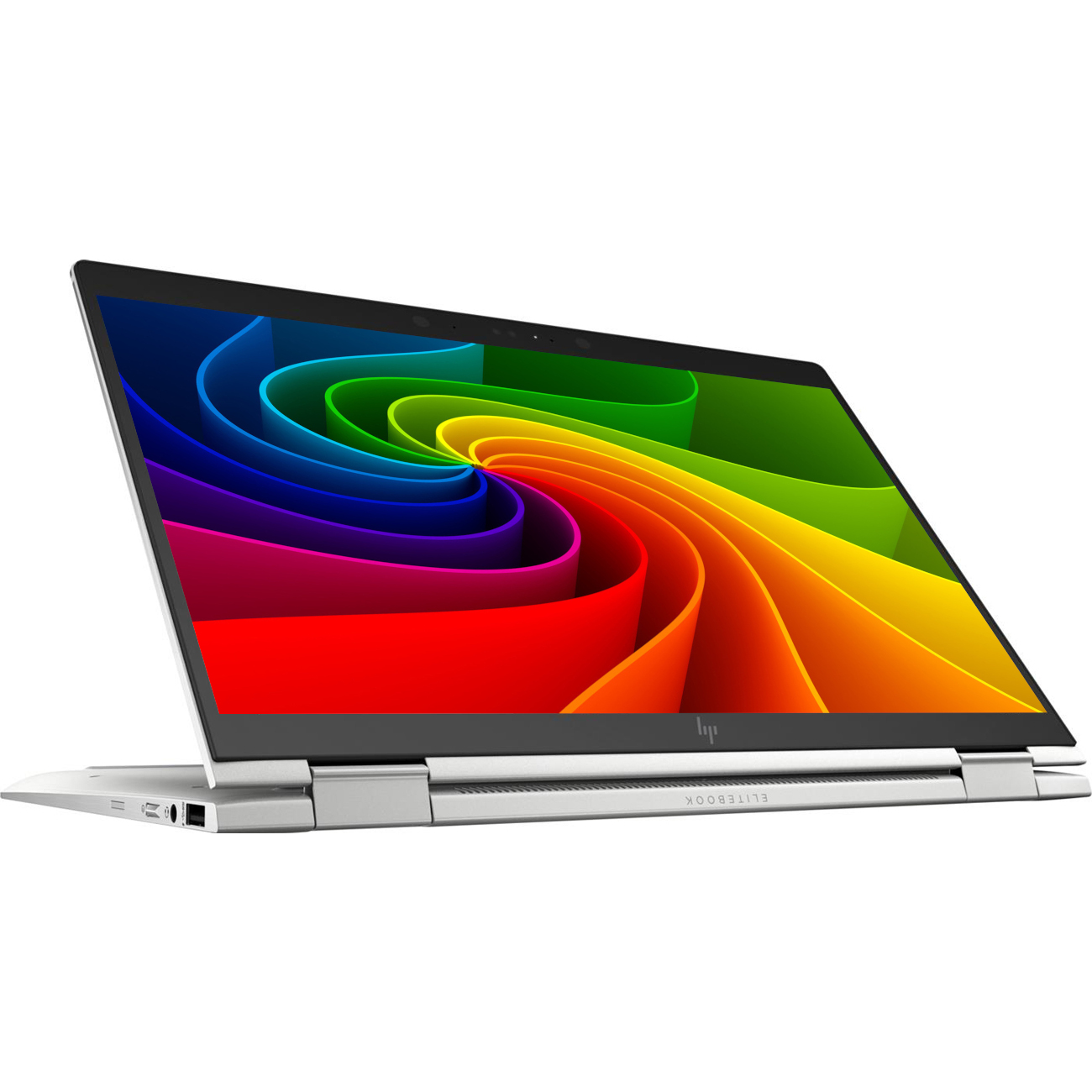 Ein silberner Laptop auf weißem Hintergrund mit einem lebendigen Regenbogen-Farbstrudel auf dem Bildschirm.