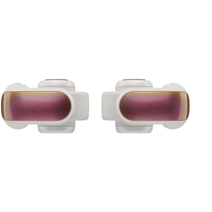 Zwei weiße und rosa kabellose Ohrhörer mit metallic Finish, von oben auf weißem Hintergrund.