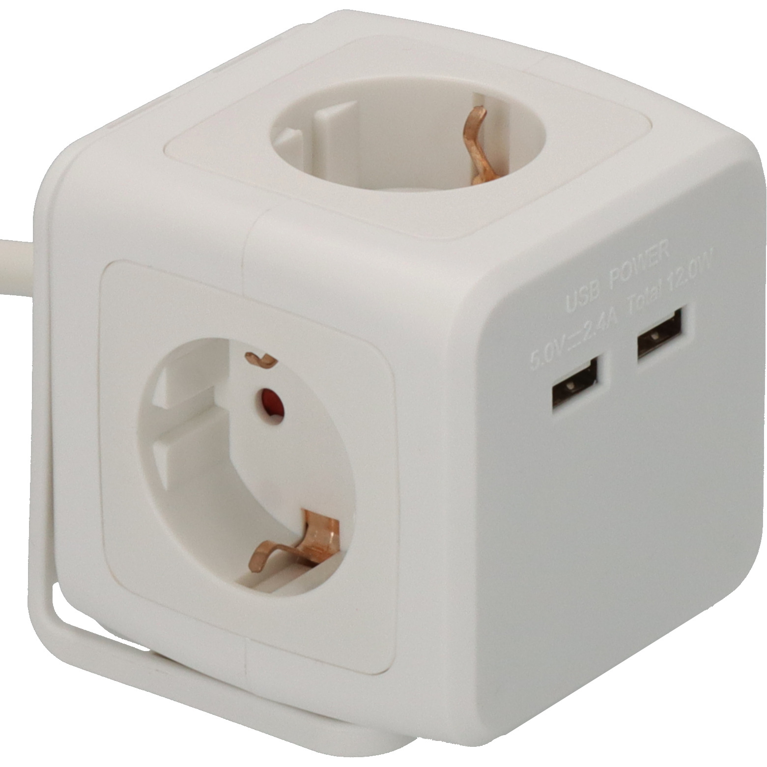 Ein weißer, kubusförmiger Steckdosenadapter mit zwei Steckdosen und zwei USB-Anschlüssen auf einer Seite.
