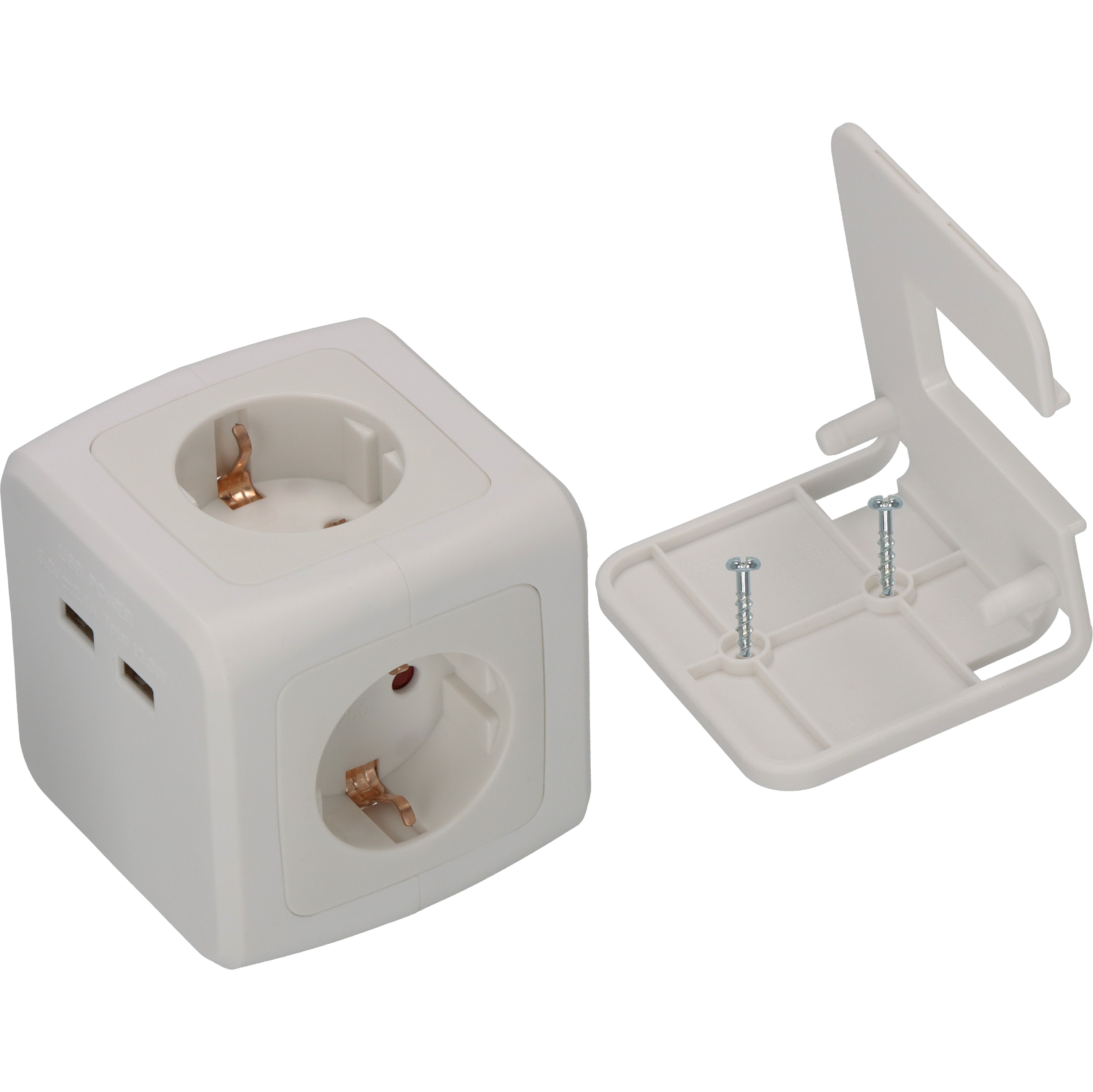 Weißer Steckdosenwürfel mit zwei Steckdosen, USB-Anschlüssen und einer Montagehalterung mit zwei Schrauben.