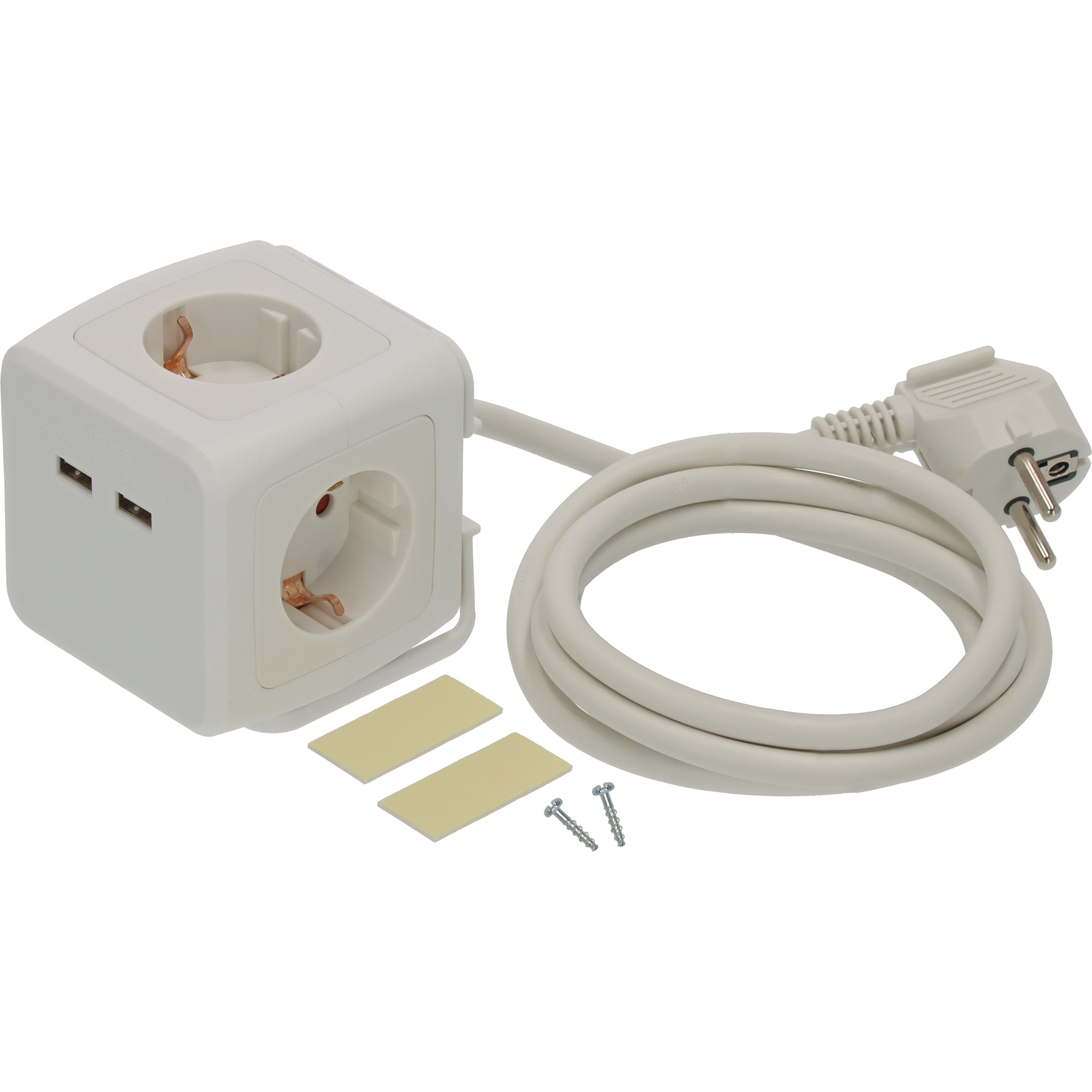 Weiße Steckdosenleuchte als Würfel mit zwei USB-Ports, Kabel, zwei Klebepads und zwei Schrauben.