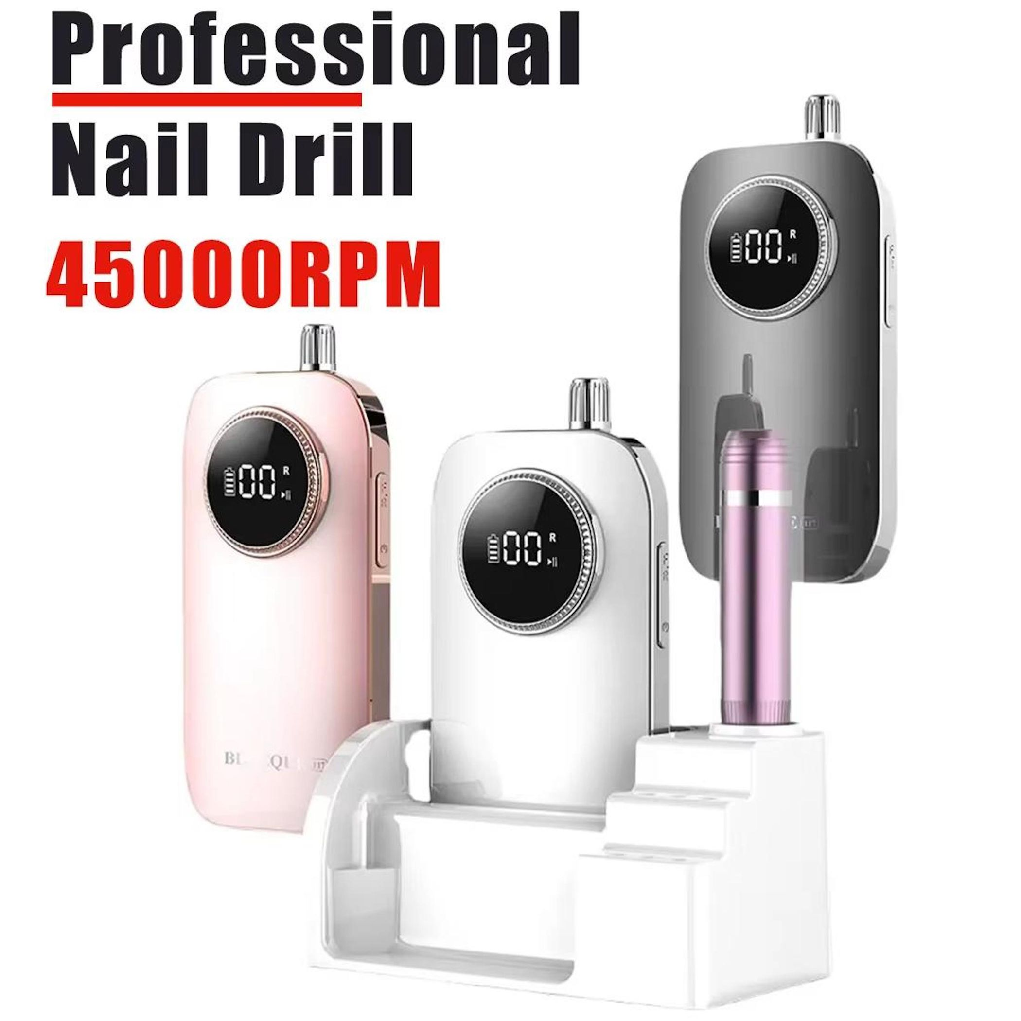 Professioneller Nagelfräser mit 45000 U/min, drei farbigen Geräten und einem Ständer vor weißem Hintergrund.