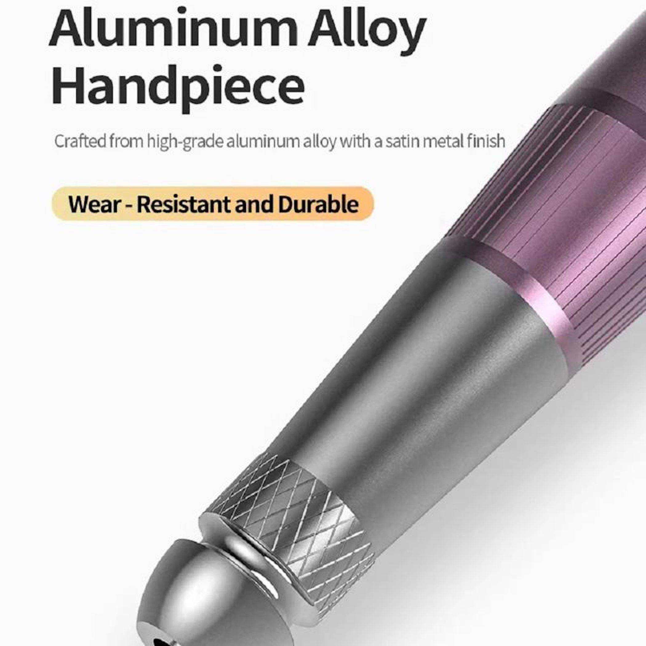 Ein lila-graues Handstück aus Aluminiumlegierung mit Text und Akzenten.