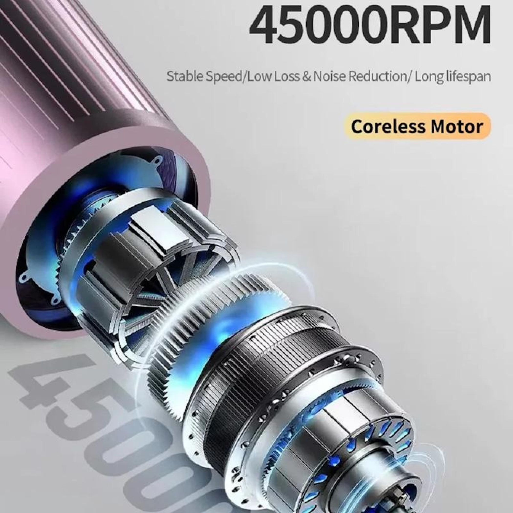Explosionszeichnung eines 45000 RPM kernlosen Motors mit internen Zahnrädern und Metallteilen auf grauem Grund.