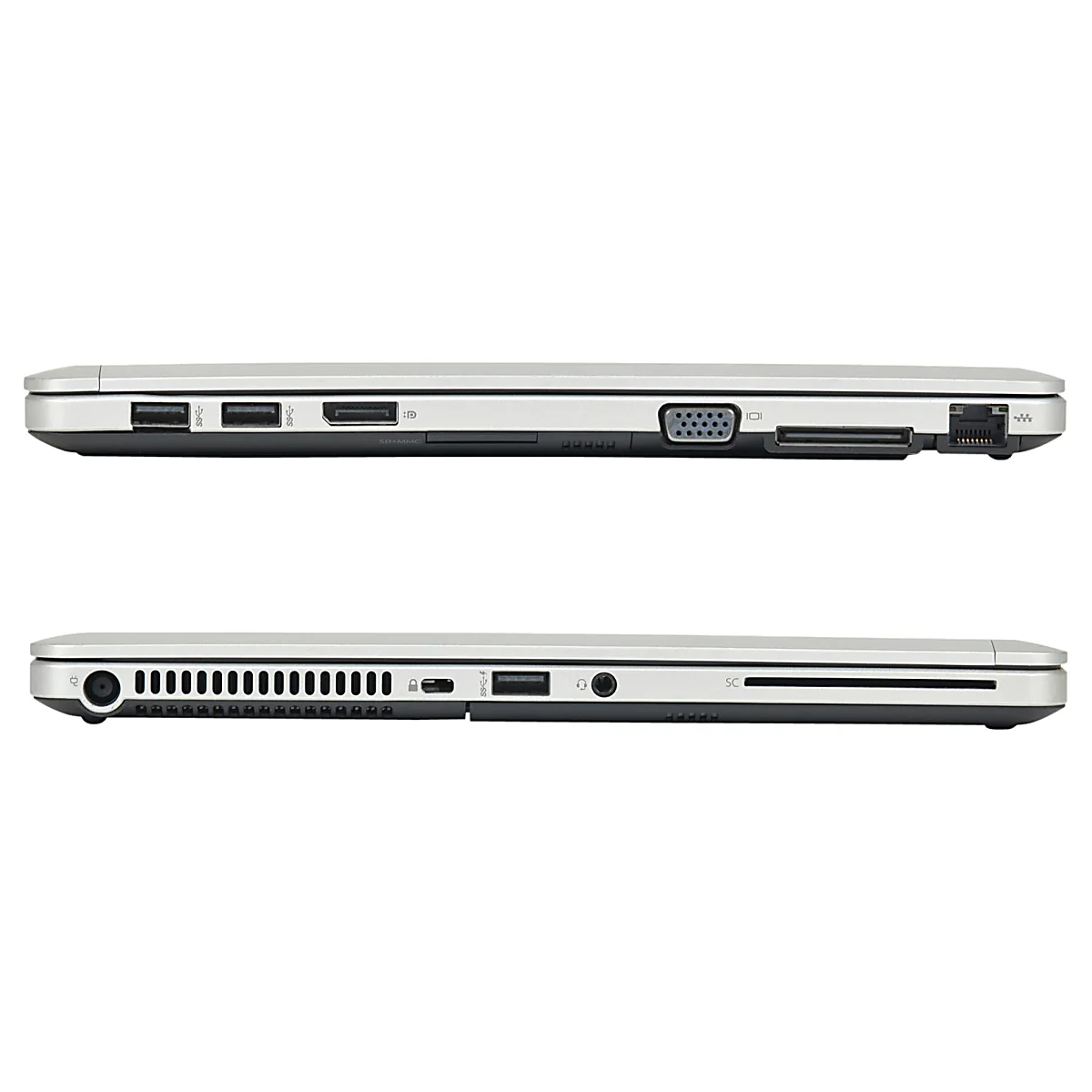 Seitenansichten eines silbernen Laptops mit verschiedenen Anschlüssen wie USB, HDMI, VGA und Ethernet.